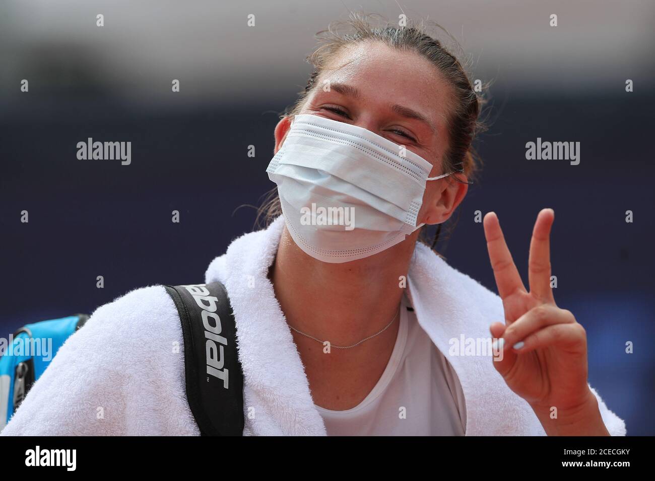 Miriam Kolodziejova de la République tchèque gestes pendant le TK Sparta Prague Open 2020, tournoi de tennis de la WTA, comme un substitut à l'annulé Banque D'Images