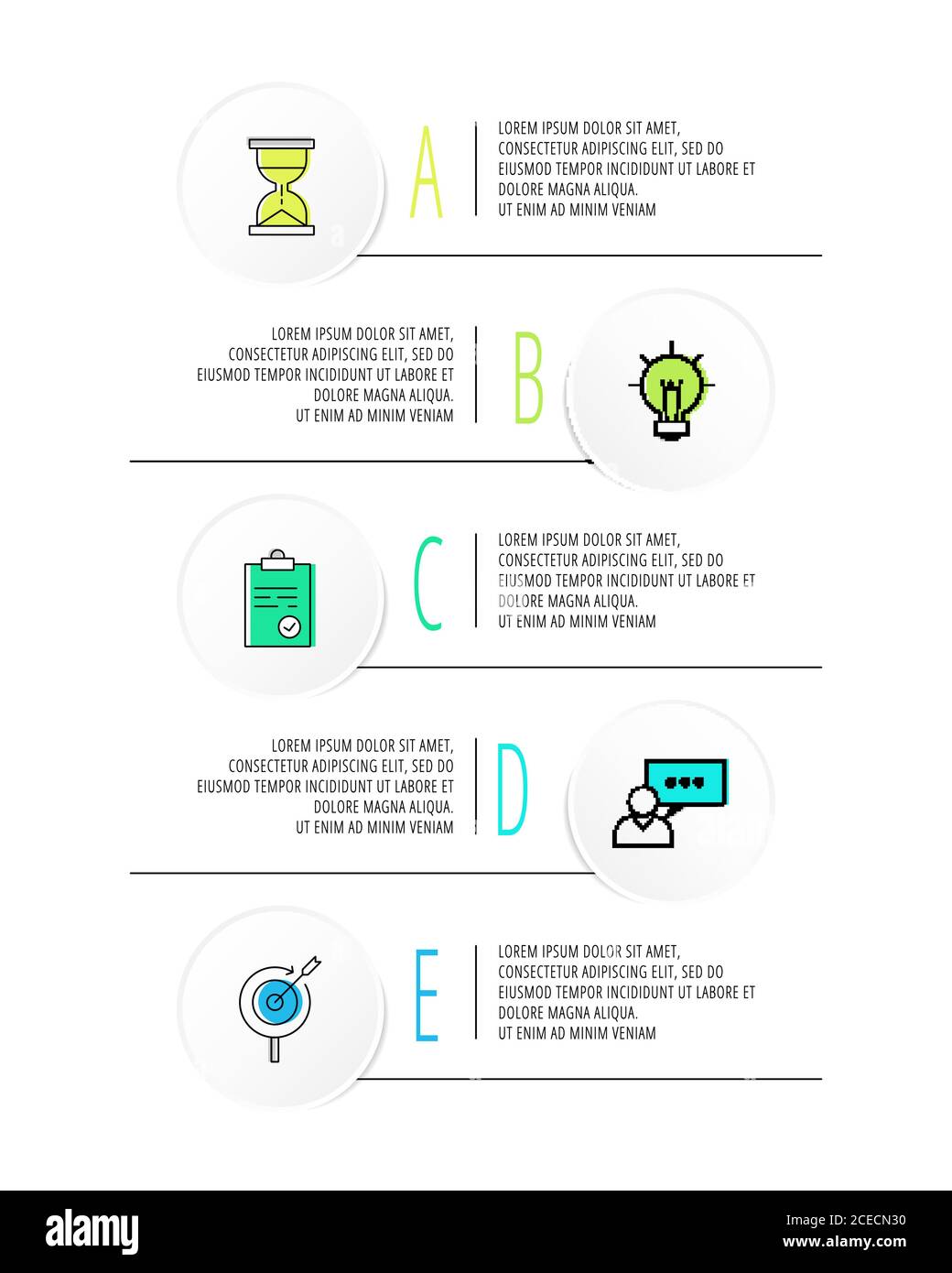 Cercles infographiques avec 5 étapes, étiquettes. Modèle vectoriel à ligne plate. Peut être utilisé pour cinq diagrammes, business, web, bannière, présentations, organigramme Illustration de Vecteur