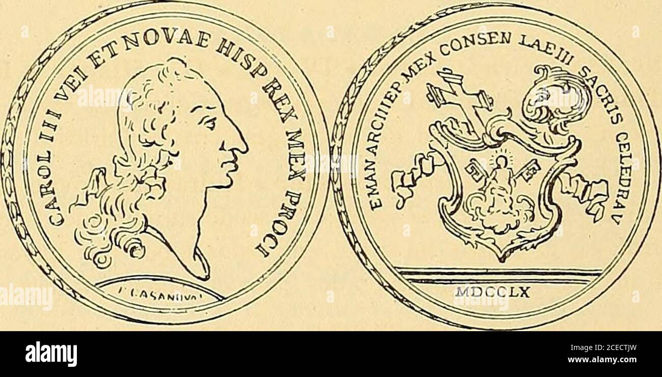 . Monetario americano (ilustrado) clasificado. li I 91 A N° 3 a—Anverso Leyenda • Carolus • III * Hispan ? Et Ind + Rex• L M * 1760 * en el campo: Busto laureido del rey á laderecha. Reverso Leyenda OptimoePrincePublicíFidelit^Juram*en el campo: Águila de dos cabezas surmontadas de coronade marqués. El pecho lo forma un escudo oval que contienetres coronas; arriba un cometa, debajo una granada á cuya iz-quierda Hay una K y á la derecha I. El águila se hallaentre las columnas de Hércules coronadas y rodefadefacon la insción: Plus-las stañas; Supersonda (Supersan-las garjas). Plata Banque D'Images