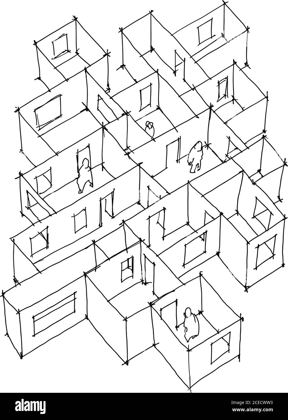 croquis architectural dessiné à la main de l'appartement abstrait ou étage avec portes et fenêtres et personnes seules Illustration de Vecteur