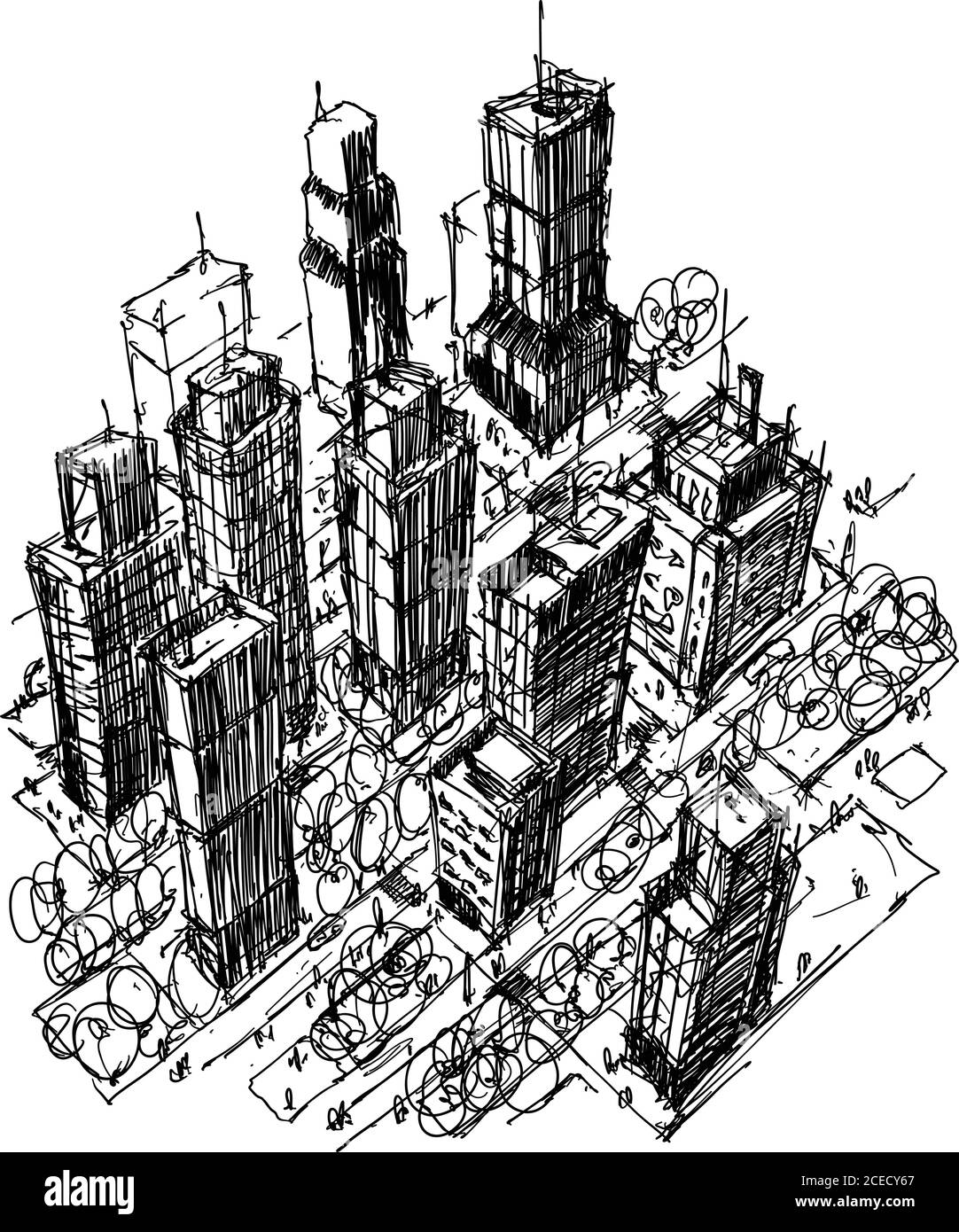 Croquis d'architecture dessiné à la main d'une ville moderne avec des immeubles et dans les rues Illustration de Vecteur