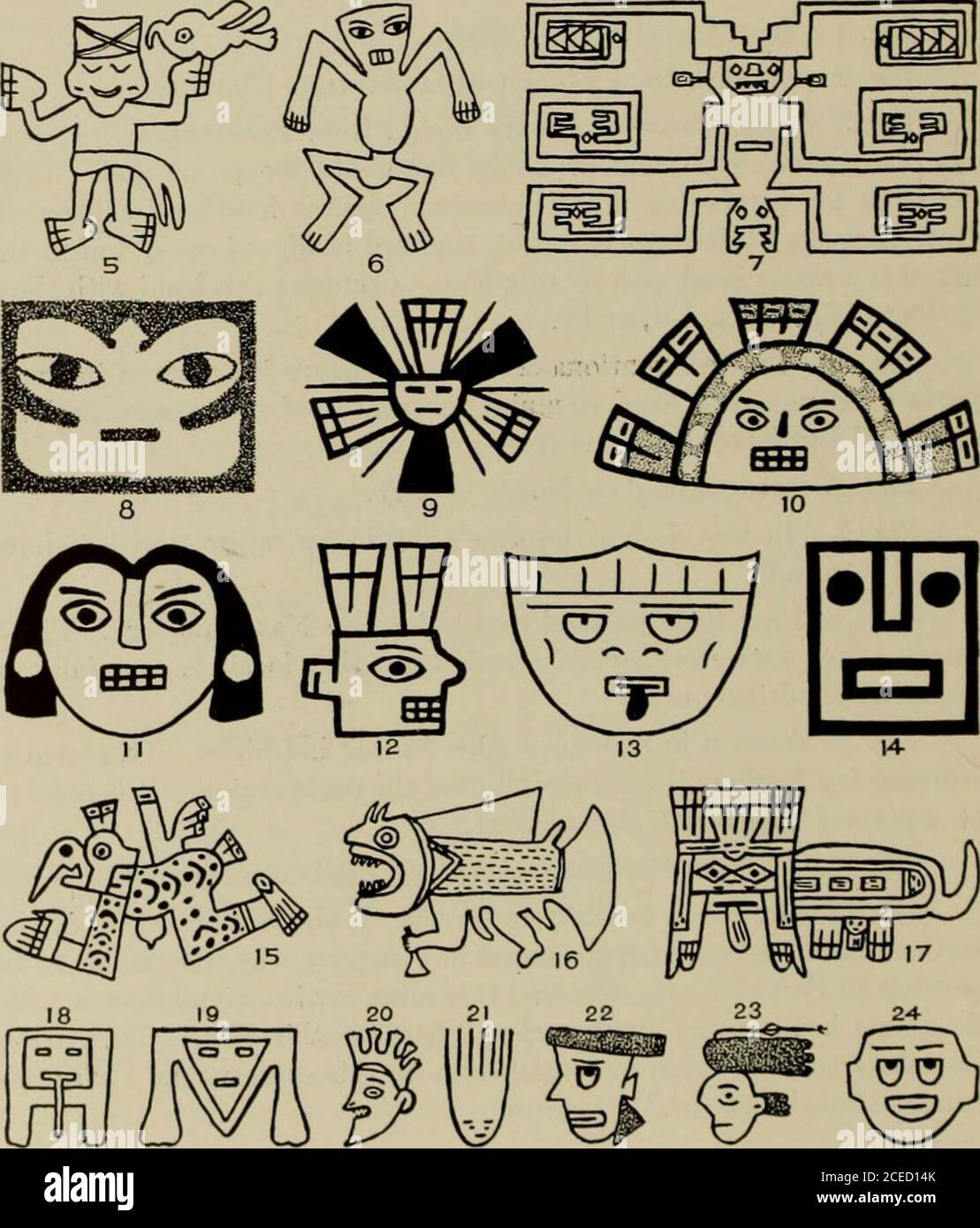 . Guide. [B| ISY^T RUtil. HOMME ET PERSONNAGES MYTHOLOGIQUES 19 rKIxTVIAX ART Figs. 18-14 visages de spectacle peints sur la poterie Nazca. Fig. 15-17. Auront ici trois personnages mythologiques des personnes thespre-Incan. Ils se produisent dans de nombreuses localités, avec des varia-tions locales comme nous devrions naturellement les attendre à montrer. Le premier est l'homme de la partie birdand; le second, l'homme de la partie poisson et pail; et le troisième, le chat de la partie et l'homme de la partie. Ils sont connus respectivement comme le Dieu condor, le dieu théfish, et le dieu puma. Ils sont pris des repenta-tions peintes sur la poterie. Figure 15 est de Pachacamac. Figure 16 est co Banque D'Images