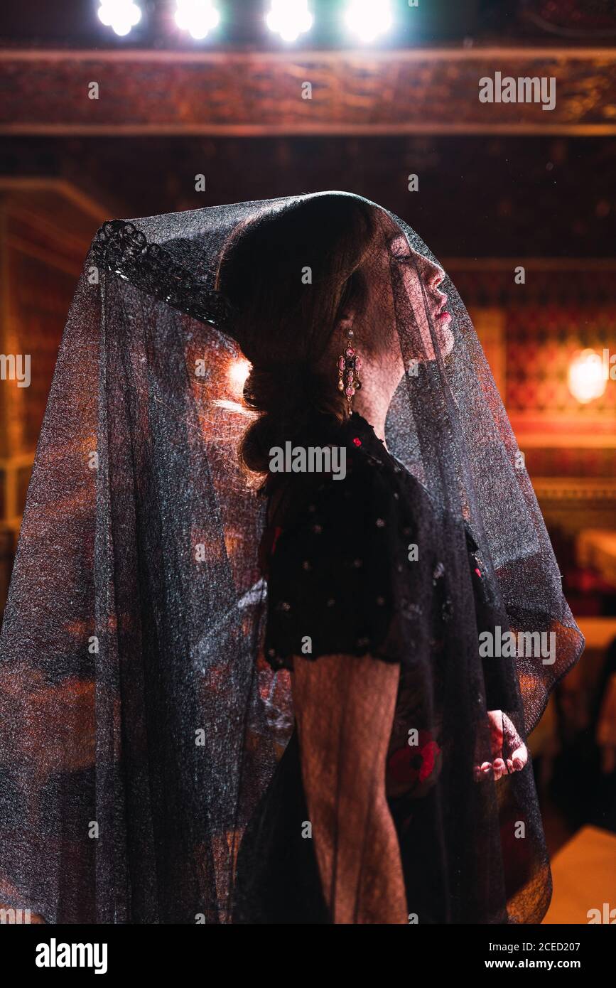 Vue latérale du voile et attrayante dame en robe sur scène éclairée par des lumières Banque D'Images