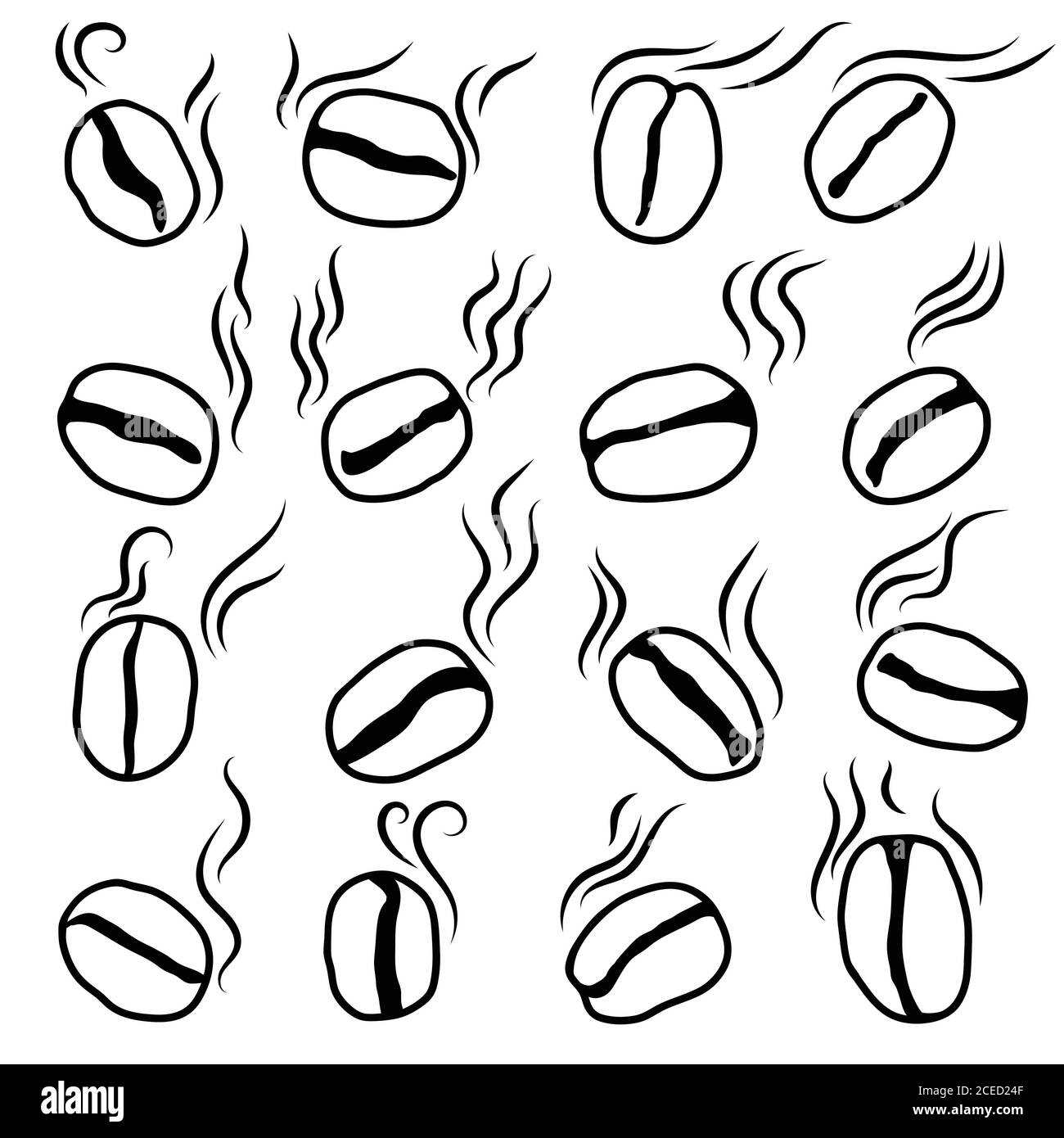 Ensemble d'icônes de grains de café silhouette isolée, dessin à la main. Esquisse aromatique de grains de café avec fumée. Café rôti. Illustration vectorielle. Illustration de Vecteur