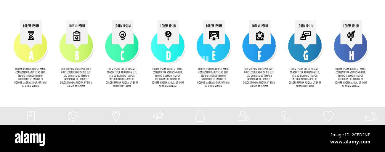 Infographies avec 8 cercles et étiquettes. Modèle vectoriel abstrait. Peut être utilisé pour huit diagrammes, business, web, banner, organigramme, info graphe Illustration de Vecteur