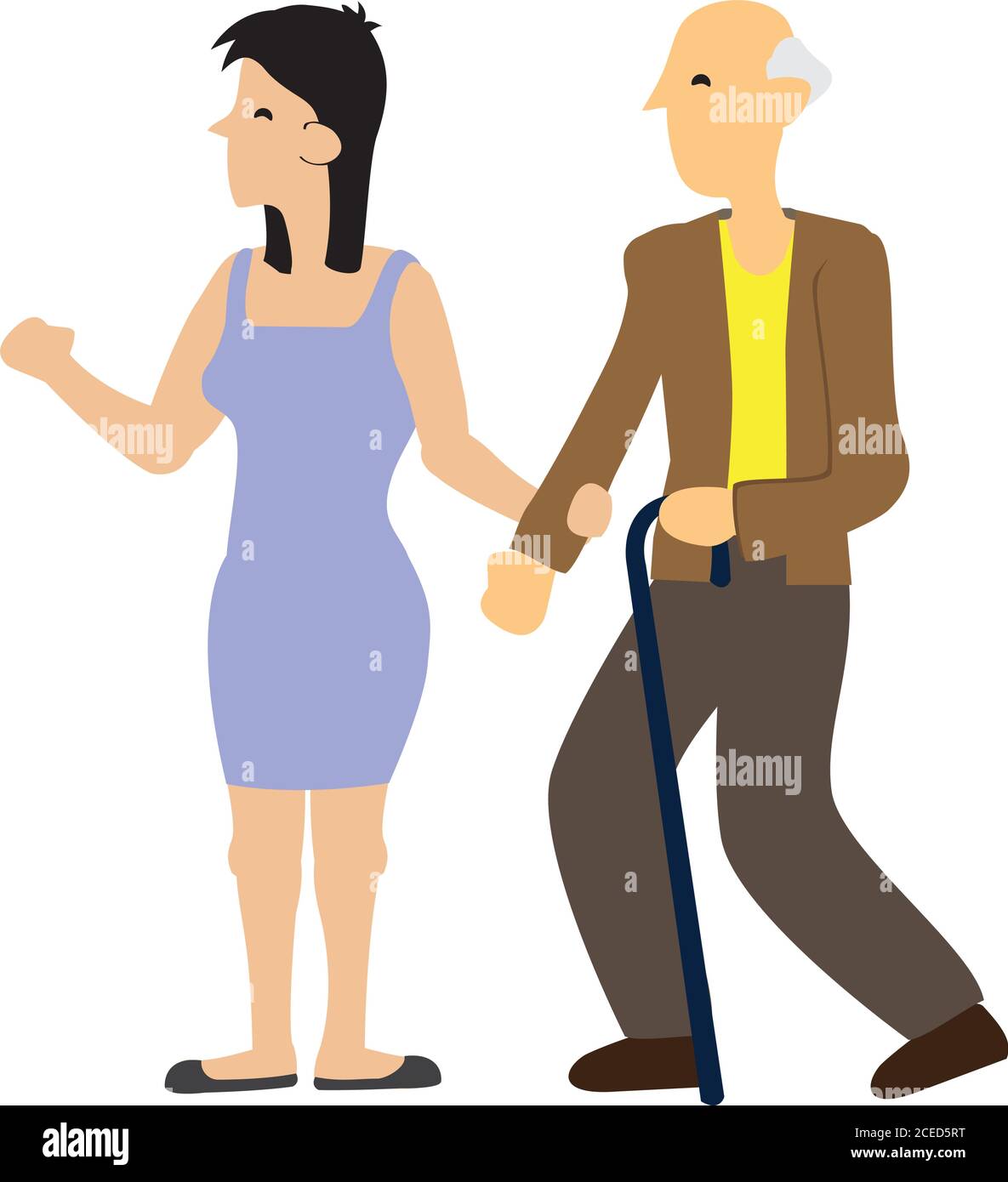 Agréable femme attentionnée aidant un vieil homme à marcher. Concept de société de soins. Illustration vectorielle isolée plate. Illustration de Vecteur
