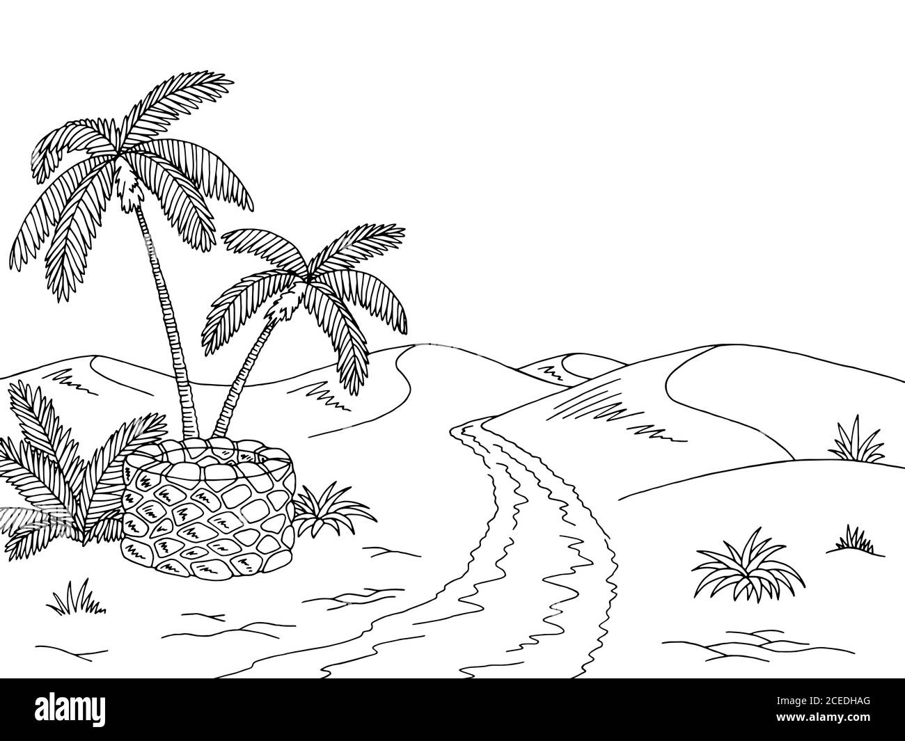 Desert Road graphique oasis bien noir blanc paysage dessin illustration vecteur Illustration de Vecteur