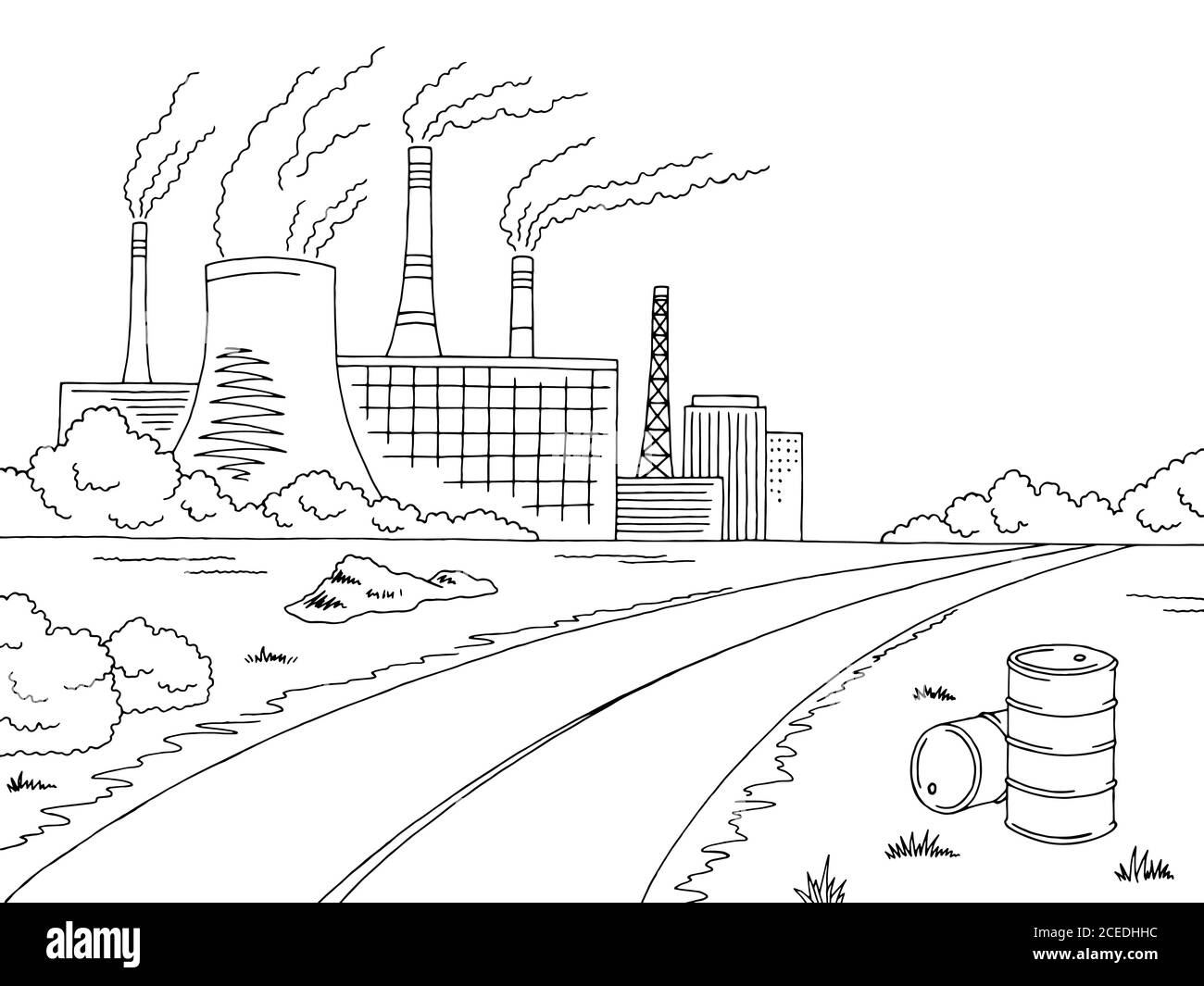 Illustration graphique de route de l'industrie mauvaise écologie noir blanc paysage dessin vecteur Illustration de Vecteur