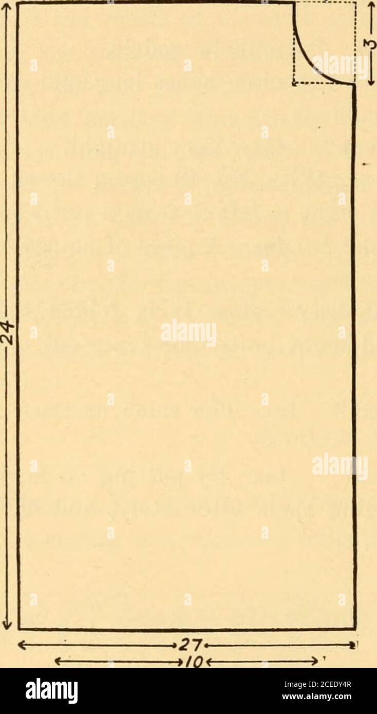 . Couture scientifique et coupe de vêtements, pour utilisation dans les écoles et à la maison; ng comme mesure la plus. Lorsque le motif a été dessiné et coupé, le poser un pli double des marchandises, épingler et couper. Deux de ces morceaux devraient être coupés, un pour l'avant et un*?€z: . pour l'arrière. Le centre de l'arrière est coupé en bas de la longueur d'ensemble. Lorsque le tablier est coupé, les coutures sous les bras sont courbées et cousues dans une couture très étroite, avec trois points de course et un point de dos. Les coutures sont taillées, tournées et cousues dans le dos, ce qui fait que ce qui est connu comme une chute française. Ourlet les deux côtés du dos dans les plis un-pour Banque D'Images