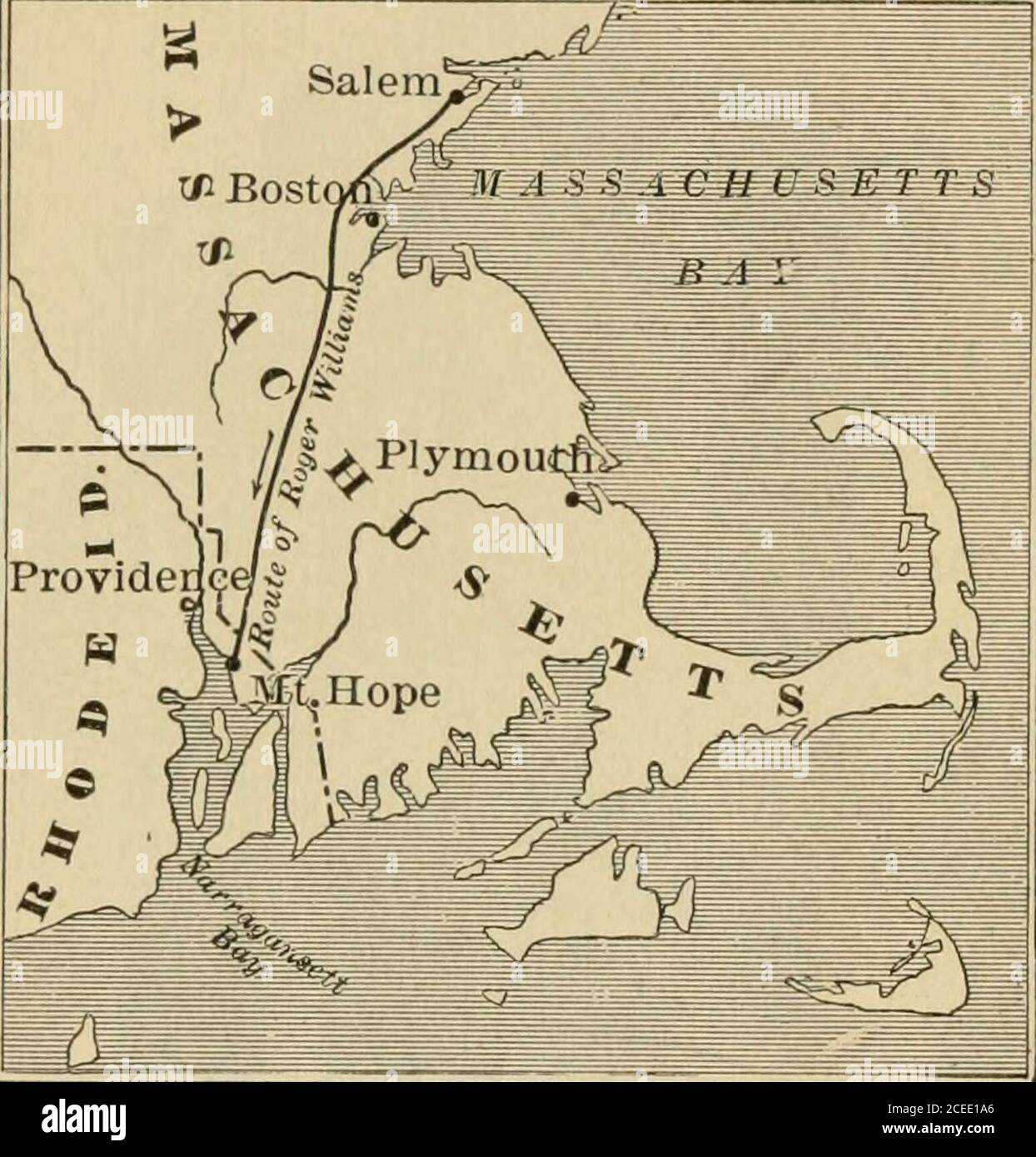 . Notre histoire coloniale de la découverte de l'Amérique à la fin de la révolution. Ressort d'aile. Puis, avec cinq amis, il pushedonward, et finalement (1636) fonda Providence. Williamsdonna à la colonie ce nom par gratitude pour la voie dans laquelle Dieu l'avait aidé dans ses ennuis. 103. La fondation de Rhode Island.—UNE femme prédicatrice de quelques années, Mme Anne Hutchinson, et d'autres personnes qui avaient été persécutées par les puritains, ont également fait des colonies près de Providence. Ils fondèrent Portsmouth, Newport et d'autres colonies. En 1644, Roger Williamsobtient une charte du roi d'Angleterre Banque D'Images