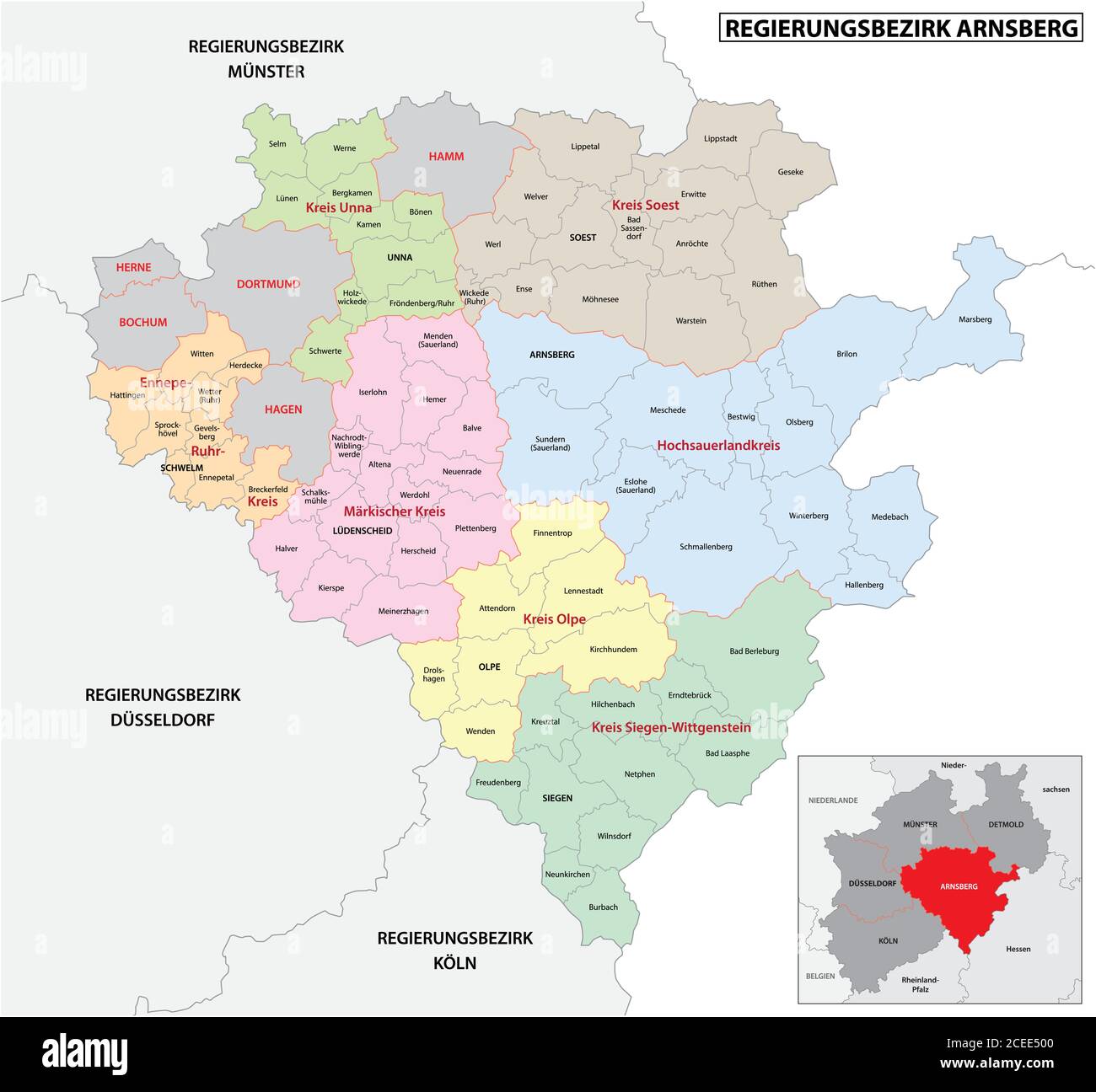 Carte vectorielle administrative de la région d'Arnsberg en allemand, Rhénanie-du-Nord-Westphalie, Allemagne Illustration de Vecteur
