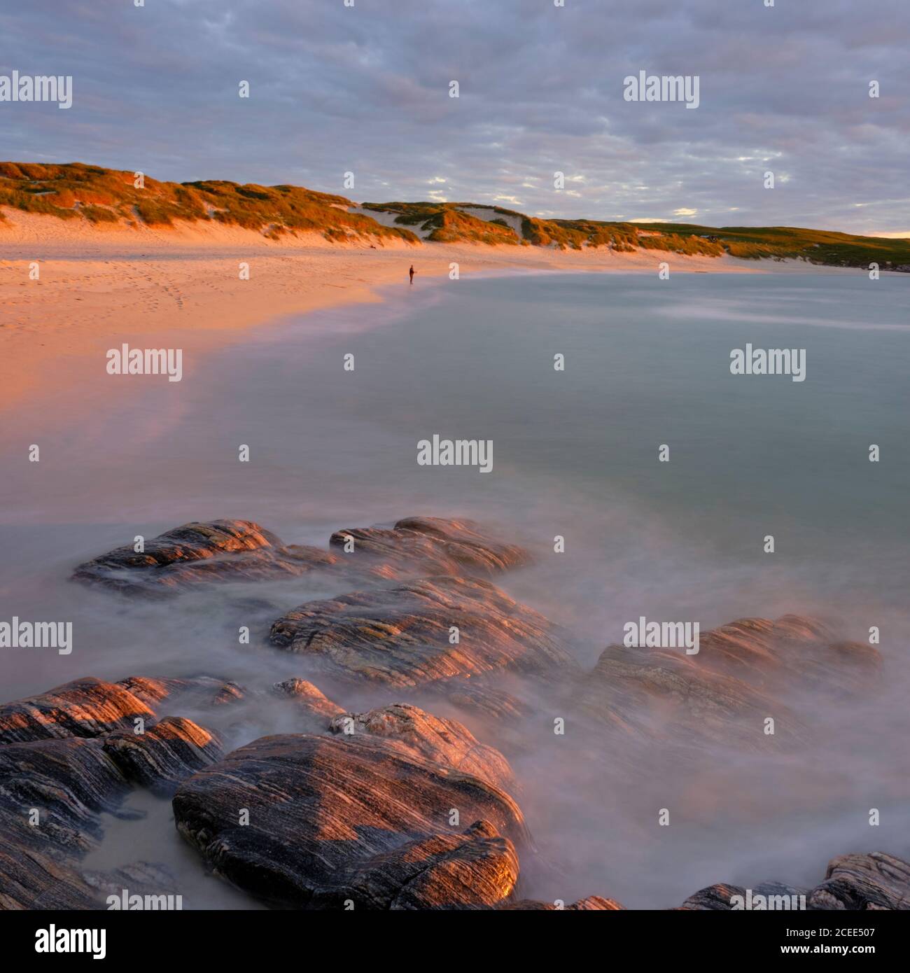 Ecosse, Ile de l'Uist du Nord, Traigh Stir. Coucher de soleil sur la plage de Traigh Stir, près de Hosta sur l'île de North Uist. Banque D'Images