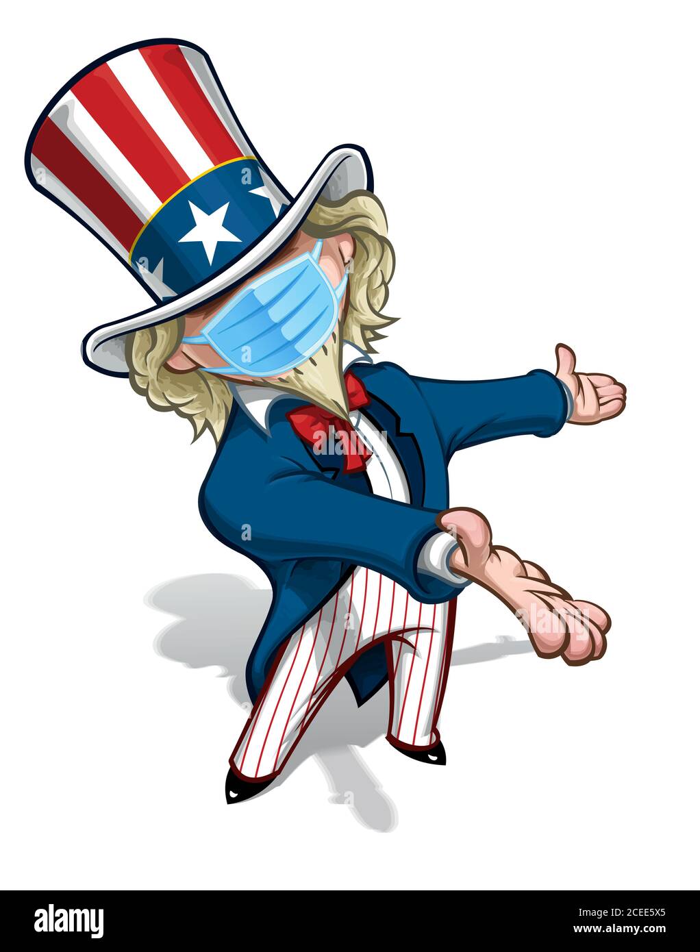 Illustrations vectorielles d'un dessin animé Uncle Sam, présentant, portant un masque chirurgical. Tous les éléments sont clairement définis dans des couches et des groupes bien définis. Illustration de Vecteur