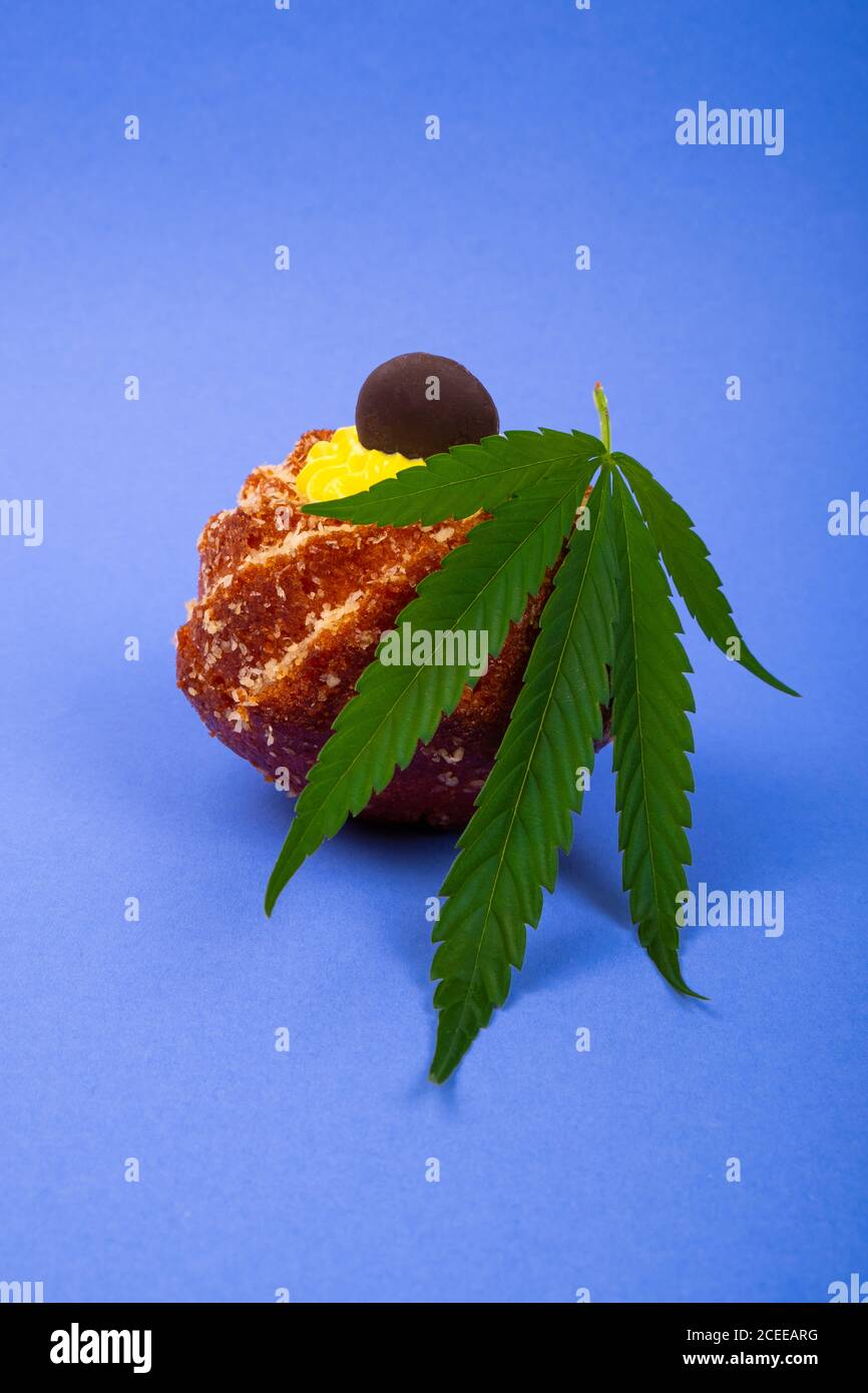 petit gâteau doux frais avec feuille de marijuana sur fond bleu, bonbons au cannabis, pâtisseries sucrées, dessert. Banque D'Images