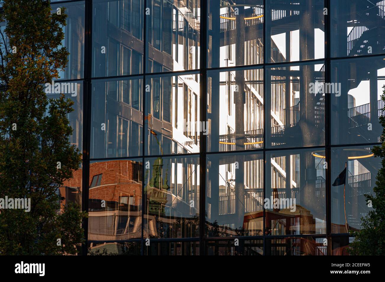 Réflexion abstraite dans le mur de vitrage. Façade de bâtiment avec lumière du soleil à travers des murs en verre transparent. Construction urbain Banque D'Images