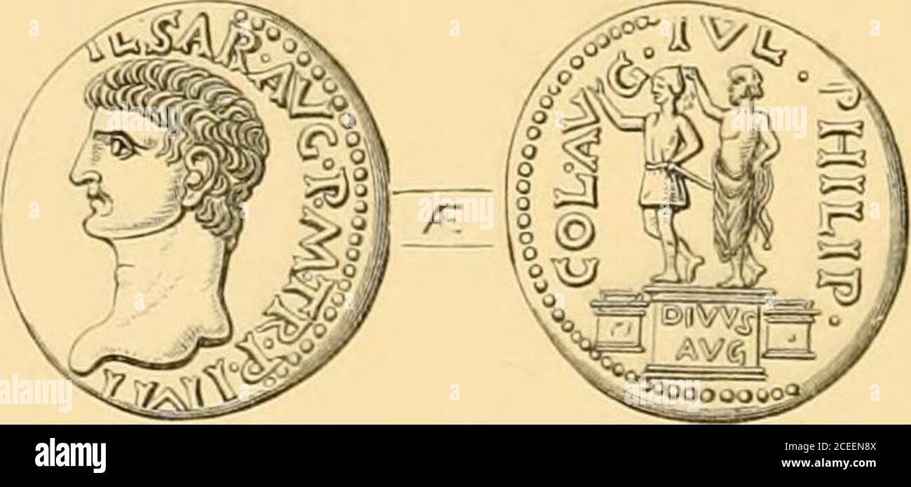 . La vie et les Épîtres de Saint Paul. ]&lt;g LOI—la tombe d'ibius sur Uieioa I llljp f ii V t Ay I c i gijtie de Macrdmne. Figure 102.—pièce de Philippi. Du British Mii.ieiim. OBI. Chef de Augu.itus, avec la légende Csesar août P. M. Tr. P. imp. (Cusar Augustus Pontifex Maximus, avec le pouvoir Tribunilian, Imperator).—ileo. Figures de Julius Cssar et Augustus, aud la légende le colonel Aug. Jul. Philip. Appelé Crenides, ou Fontaines, de ses nombreuses sources, qui, s'élevant dans les montagnes mountains au nord, courut dans le marais au sud de Philippi. Il a également à la fois porté le nom de Da Banque D'Images