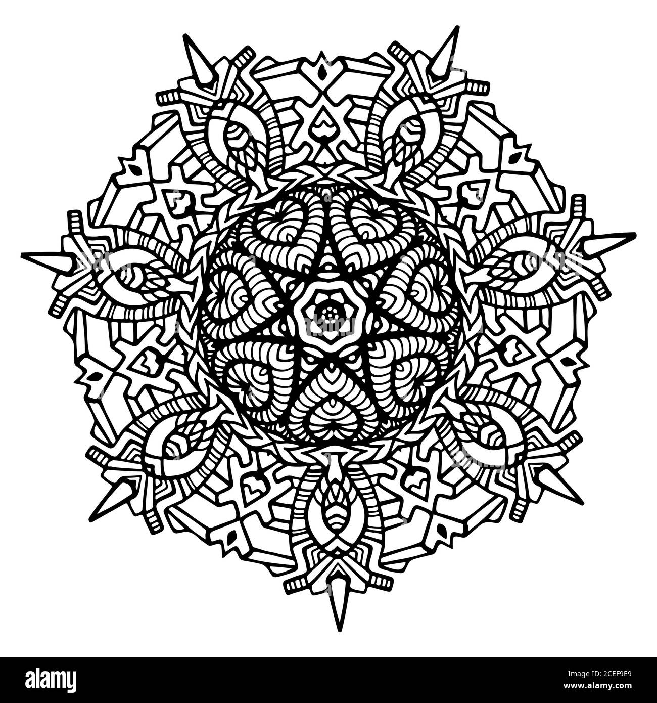 Page de coloriage ethnique de mandala tribale noire et blanche. Motif isolé sur fond blanc. Mandala aux fleurs décoratives et élégantes. Illustration de Vecteur