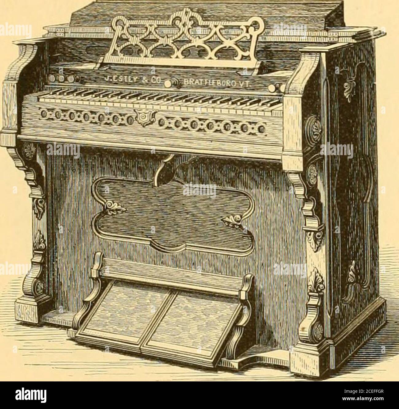 . Catalogue illustré des organes de gîte : donnant un bref compte-rendu de l'établissement d'organe de gîte le plus étendu au monde; avec une description des différents styles d'organes fabriqués, leurs particularités et les améliorations brevetées. J. ESTEY & COMPANY. La gravure montrée sur la page ci-contre représente une classe d'Organsessing la charajtéristique pour laquelle l'Estev a été si longtemps connu, mais ayant un cas plus simple et moins costh que has.been heretofore montré dans notre catalogue illustré. Il sera trouvé pour répondre aux désirs d'un largeclass, comme le prix a été h.xed wi Banque D'Images