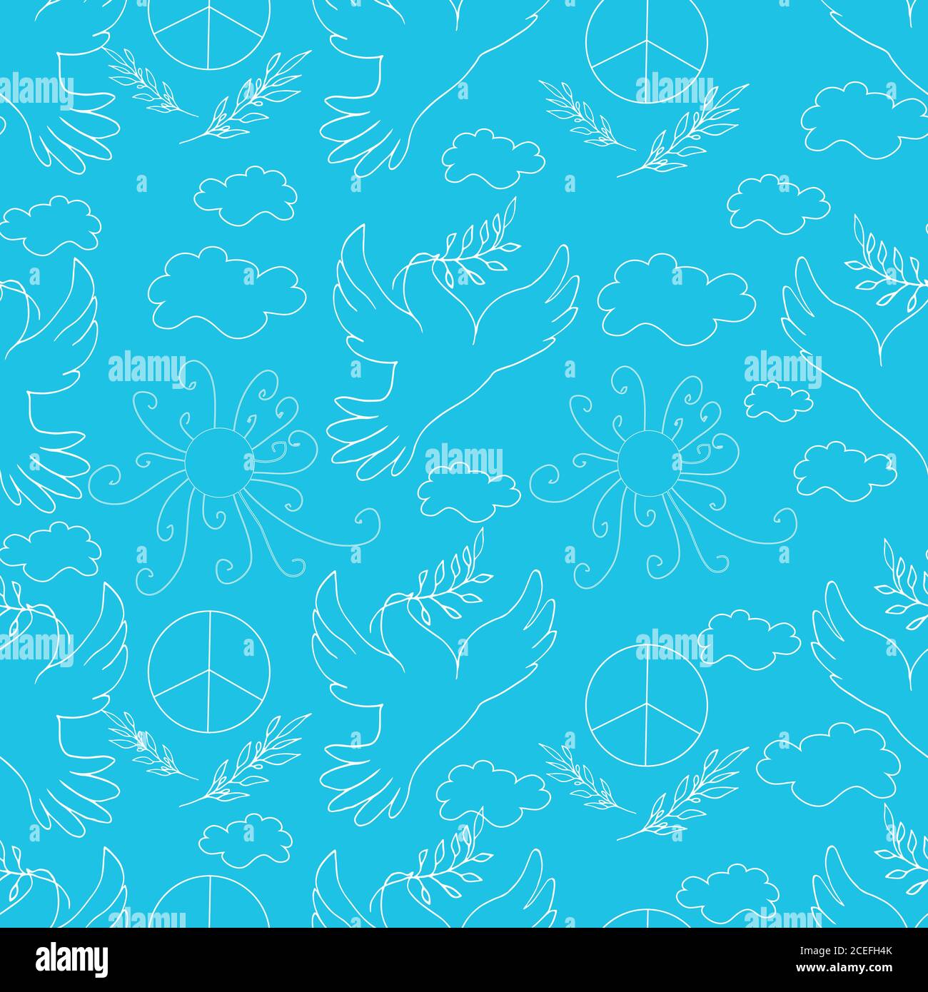 Oiseau de paix, sucette, soleil, ciel, nuage, contour blanc sur un blu Illustration de Vecteur