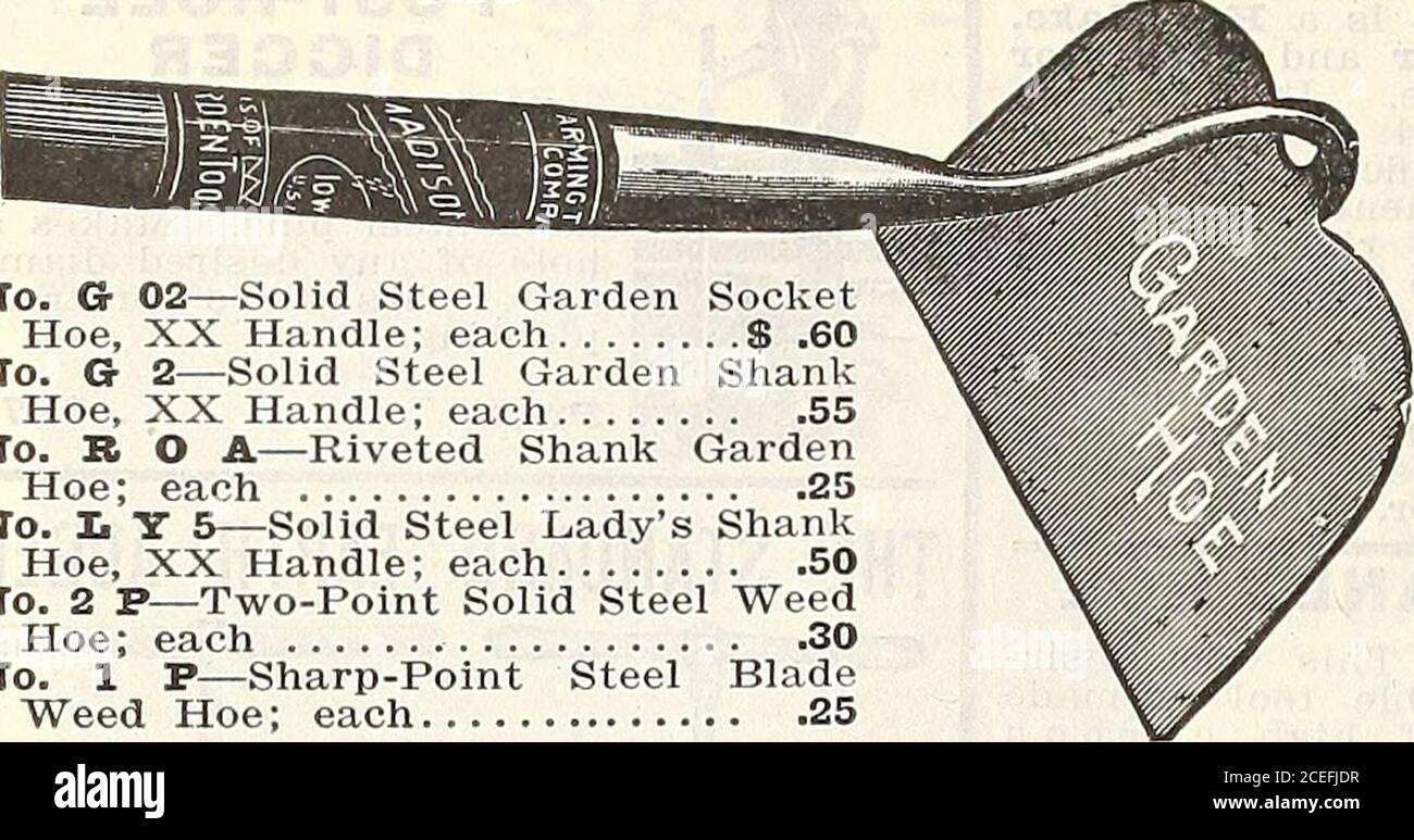 . 1916 Griffith et Turner Co. : fournitures agricoles et de jardin. BARRES DE PIED DE BICHE à pointe de pincement, de 20 à 25 lb, par lb, 6c. Barres de pied de biche à pointe de cheville, de 25 à 20 lb, par lb, 6c. Barre de creusement et rampe combinées, chacune, 1.50 $. Barre d'excavation avec poignée en boucle, chacun, 1 $. 0 £. COINS solides coins en acier forwood, ont le droit de tapisseries dans le bois. Poids de trois à six poudsirioe, par livre 5c. Splittingand tous LES PRIX PEUVENT FAIRE L'OBJET DE MODIFICATIONS SANS PRÉAVIS. 214^ GRIFFITH & lt;a TURNER CO ^ GARDEN HOES. N° G 02—Hoe de douille de jardin en acier massif, poignée XX; chacun 0,60 $ N° G 2—Sha de jardin en acier massif Banque D'Images