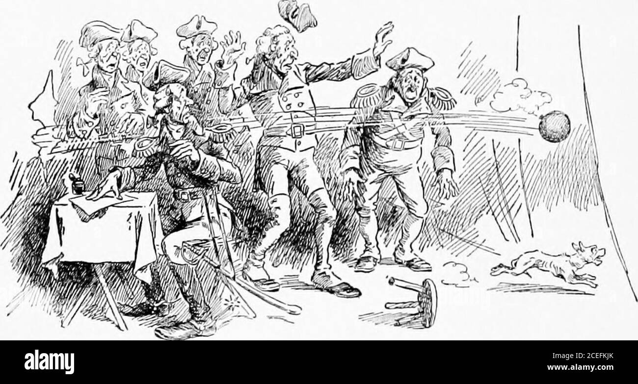 . L'histoire de Bill Nye des États-Unis. Tout l'ennemi et se faire promus, tellement dérangé par le conflit qu'il a mis en pointillé avant que Gates puisse le mettre dans la garde-maison, et à la tête de son ancien commandement, et withoutauthority ou chapeau, a mené l'attaque. Gates n'a pas osé venir où Arnold était, pour commander himback, car c'était un endroit très chaud où Arnoldwas à l'époque. L'ennemi a donc été conduit par le tocamp. Arnold a été abattu dans la même jambe qui a été blessé au Québec; ainsi il a été porté vers l'arrière extrême, où il a trouvé Gates mangeant adonut et parlant inrespectueusement d'Arnold. A cou Banque D'Images