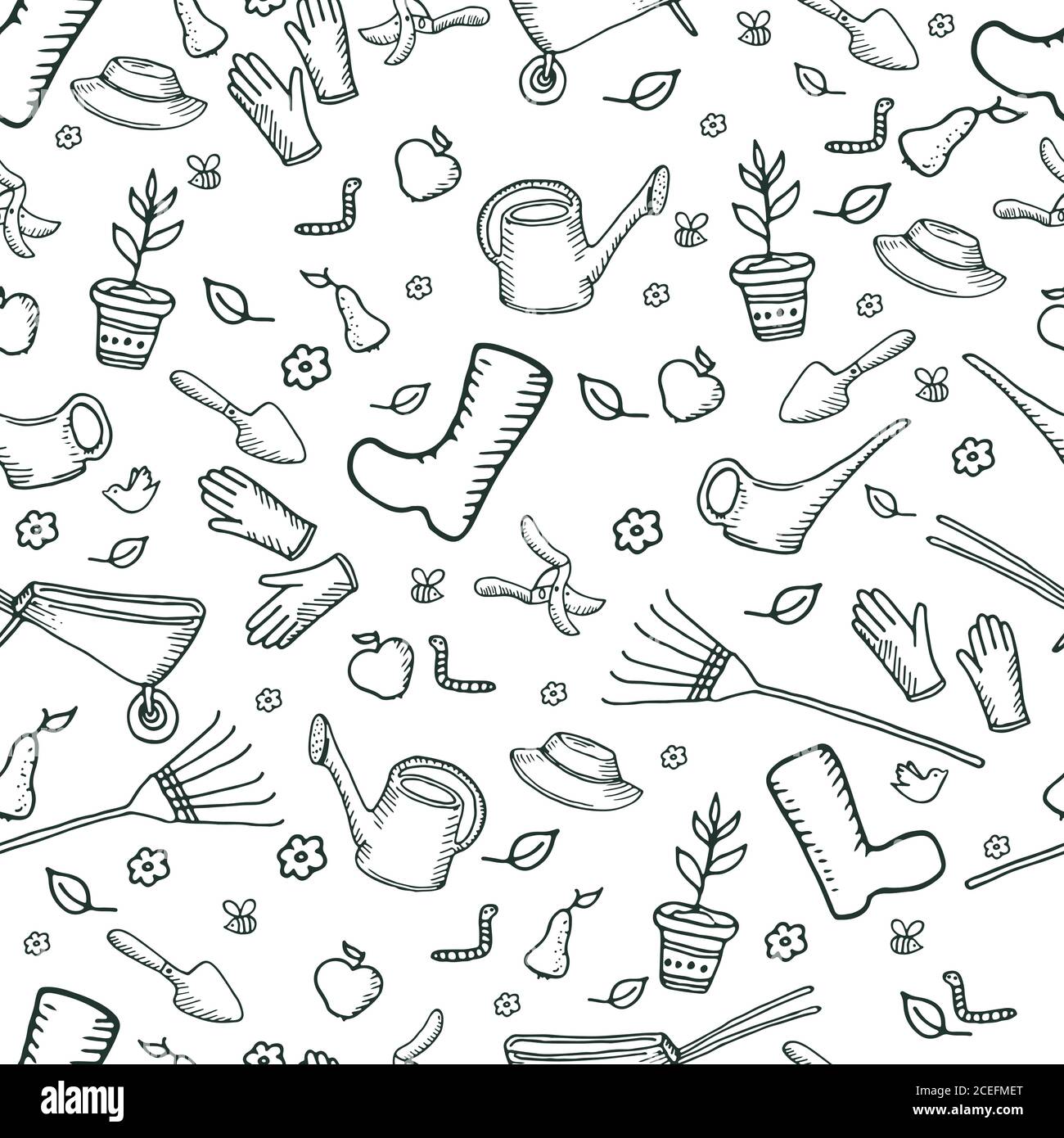 Jardin monochrome drôle sans couture motif, couleur vert foncé outli Illustration de Vecteur