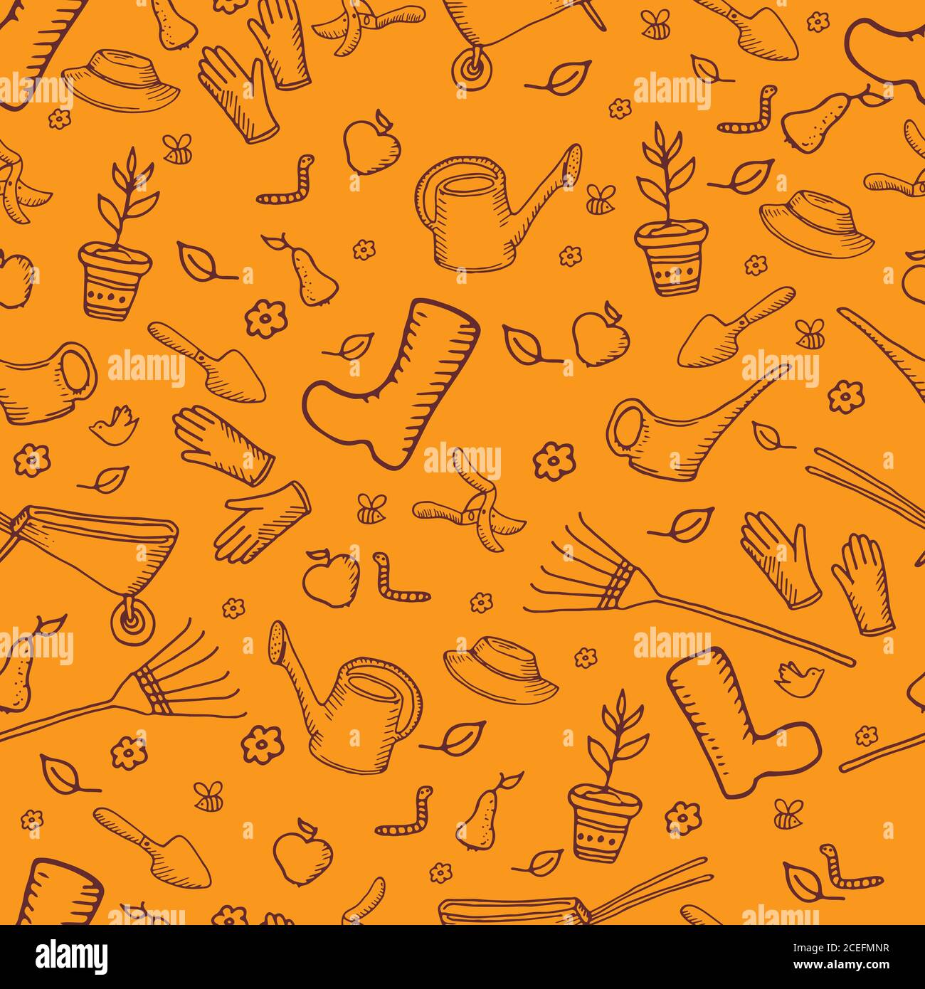 Couleur mochrome drôle dessin animé jardin sans couture motif, bac orange Illustration de Vecteur