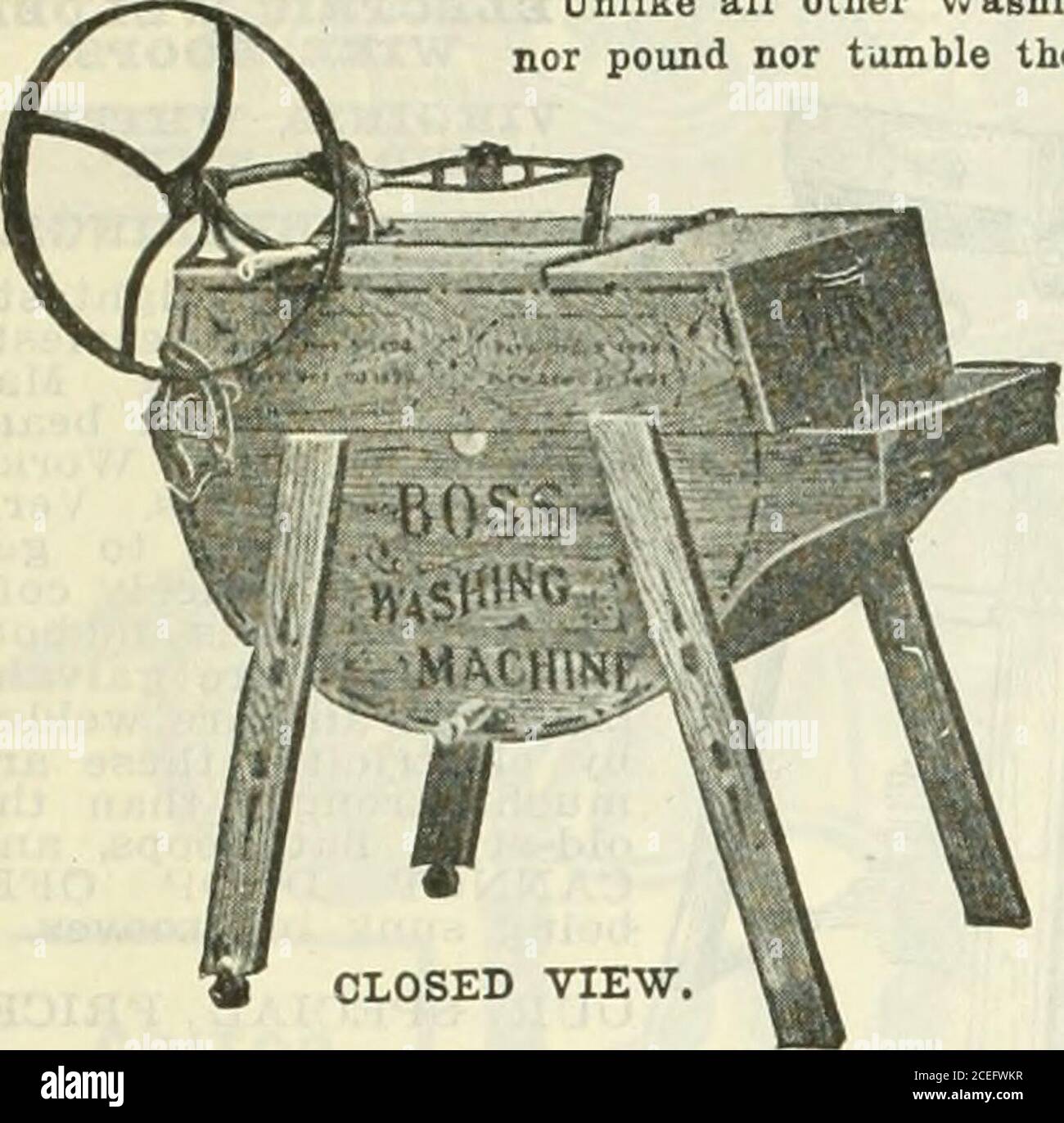 . 1916 Griffith et Turner Co. : fournitures agricoles et de jardin. ^ GRIFFITH <a TURNElCca^^207 LA CÉLÈBRE ^BOSS WASHING MACHINE. Vue ouverte avec cyliBdflffI soulevé pour nettoyer macliiMt contrairement à toutes les autres machines V/ashingr, le PATRON ne se contente pas de faire tremper les vêtements, ni de les mettre en livre, ni de les faire tomber, ni de faire couler l'eau autour et parmi eux. Lorsque le haut de la tlip est vers le bas et flie BOSS il) opérée, les deux buissons osoilhite dans les déceptions opposées deux fois à chaque tour o( la manivelle, Oriso fois à chaque tour de la roue—90 coups vers l'avant et vers l'arrière chaque minute. Il est dans la double action rapide, et le pr Banque D'Images