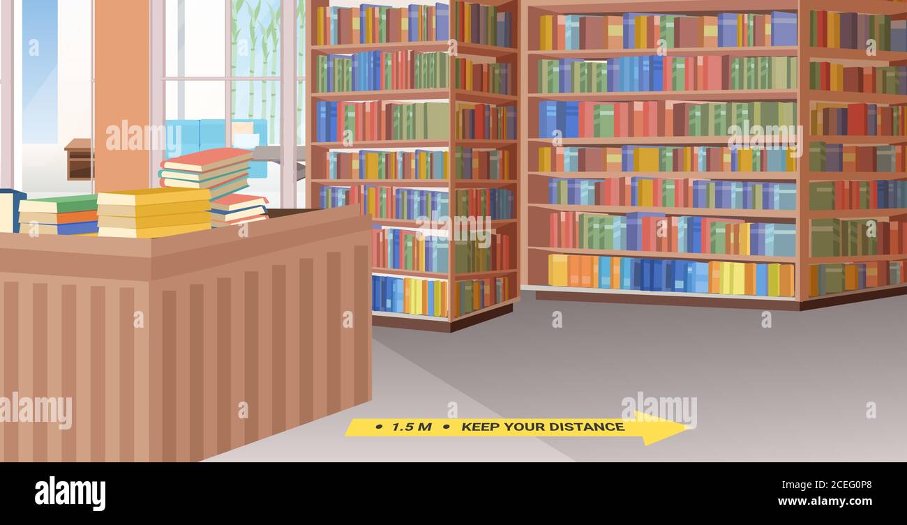 bibliothèque avec des signes de distanciation sociale jaune autocollants épidémie de coronavirus illustration vectorielle horizontale des mesures de protection Illustration de Vecteur