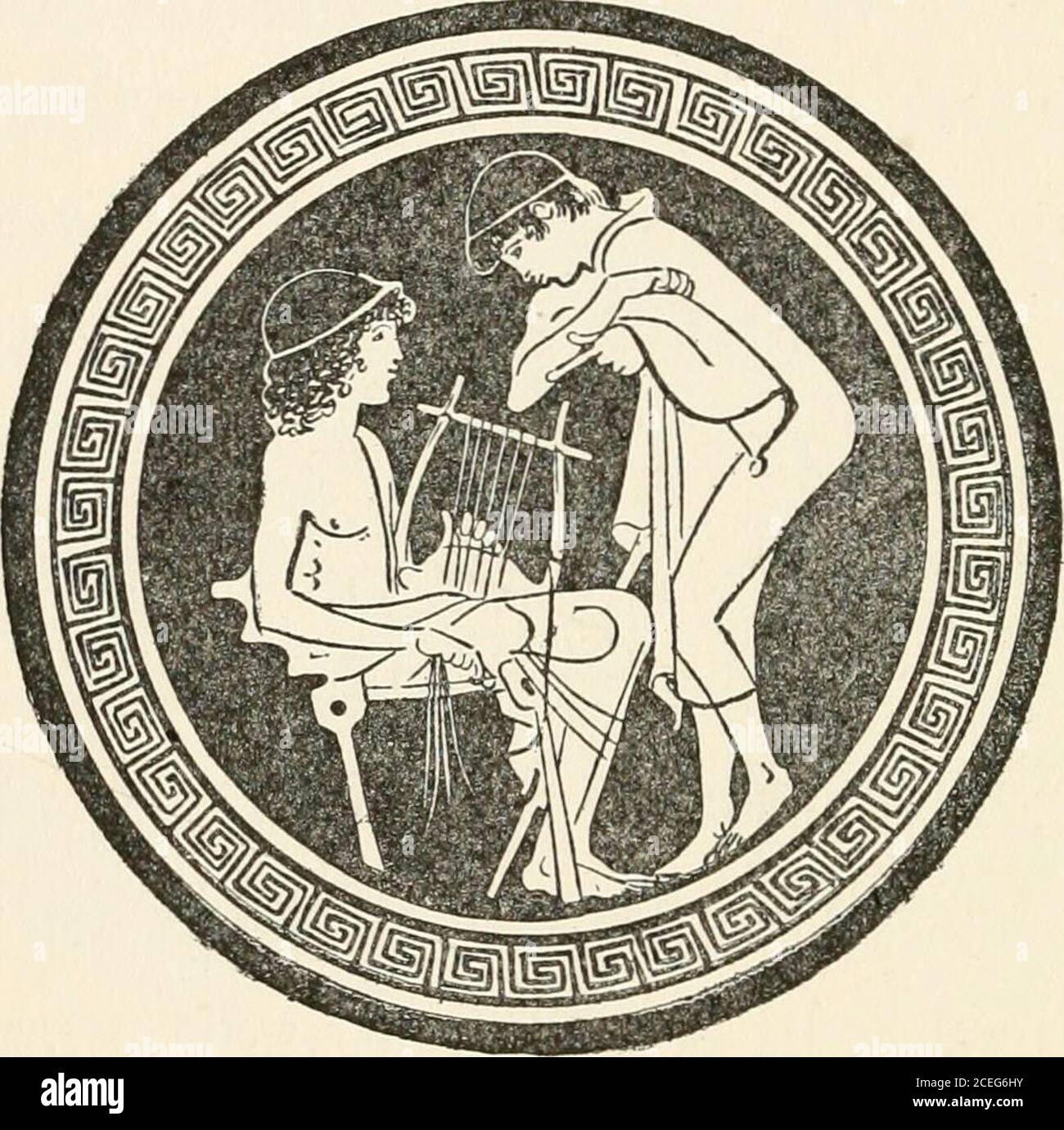 . Hommes de la vieille Grèce, par Jennie Hall. Ils ont fait le troop dans différentes chambres. Oh, c'était un grand jour pour Socrates! Rocmtcx C tout était neuf et magnifique. Je n'ai pas eu une chambre avec plusieurs autres petits bouées. Ils étaient assis sur de longs bancs de pierre autour des côtés de la chambre. Sur le mur hunglyres et tibas. Un jeune homme s'est assis sur une chaise à l'avant. Mene avait un lyre sur son genou.Prenez vos lyres, a dit le professeur. Eaeli garçon a pris une lyre du mur. Theplectrum accroché à lui par un ruban. Socra-tes n'avait jamais tenu une lyre avant, mais il hadsouvent vu d'autres personnes les jouer. Alors, il hésite sur son genou et Banque D'Images
