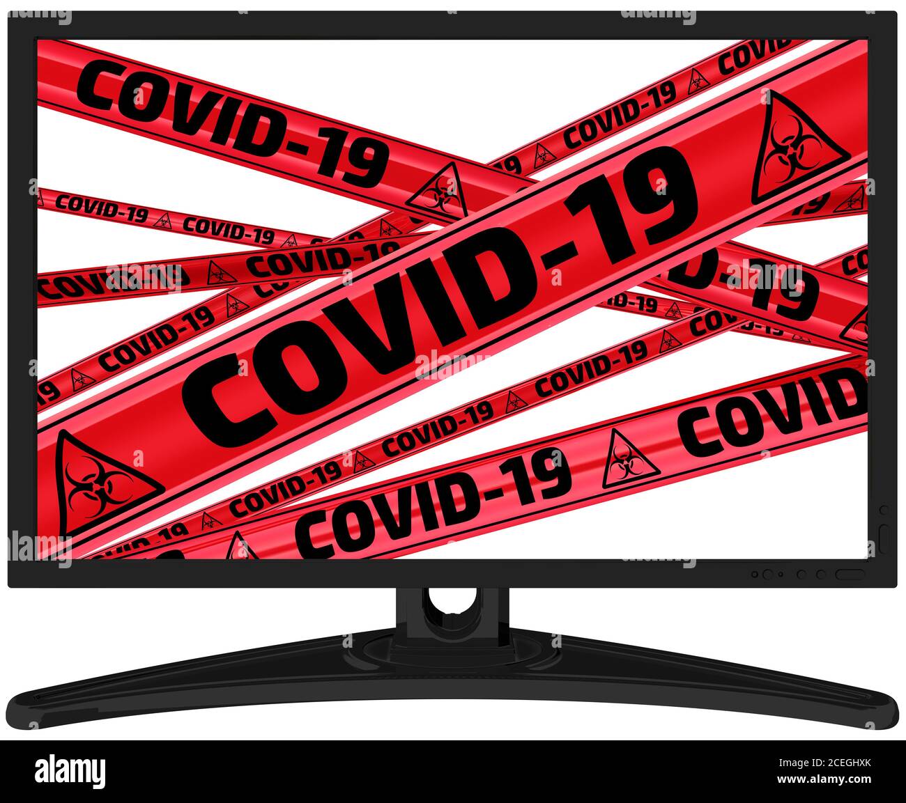 Attention COVID-19. Il y a des bandes d'avertissement rouges avec le texte noir COVID-19 (le 2019 nouveau coronavirus, également connu sous le nom de 2019-nCoV) sur l'affichage Banque D'Images