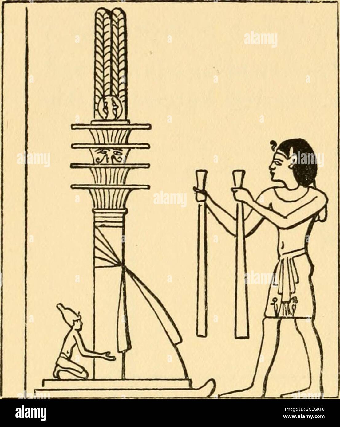 Osiris et la résurrection égyptienne;. Les déesses du Nord et du Sud  établissant le standard avec la boîte contenant la tête d'Osiris dessus.  D'un bas-relief à Meroe. Mains le fouet, le
