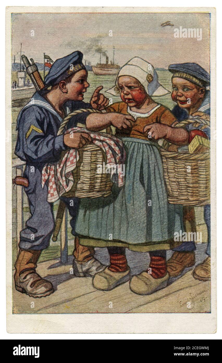 Carte postale historique allemande: Les enfants comme adultes: Marins de la Marine impériale allemande ont routé une fille plus sutler avec des paniers de nourriture, la première guerre mondiale, 1917 Banque D'Images