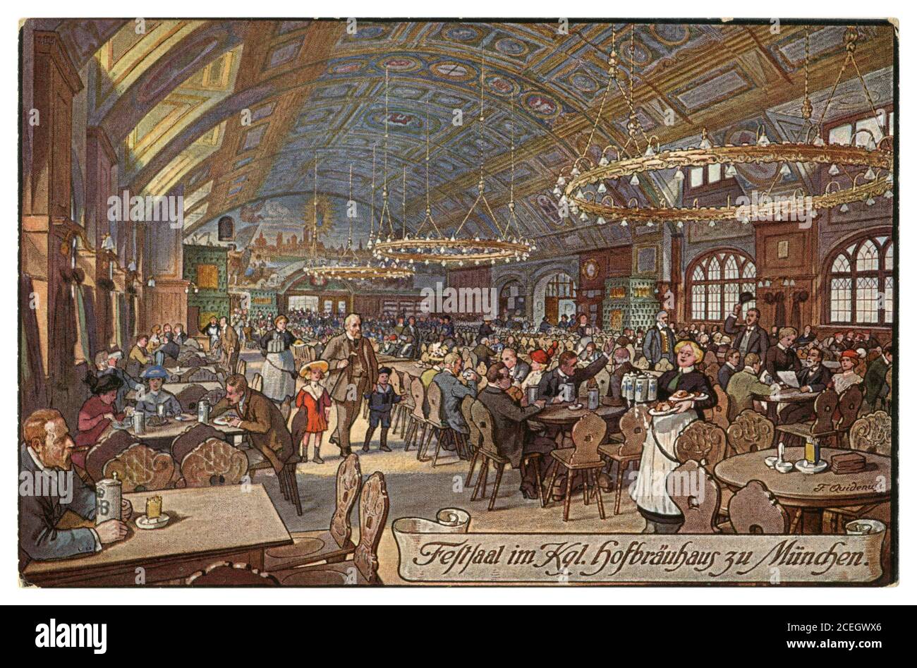 Carte postale historique allemande : Grand hall dans le restaurant de bière Hofbräuhaus sur la place Platzl à Munich, Bavière, Empire allemand, début 1900. Banque D'Images