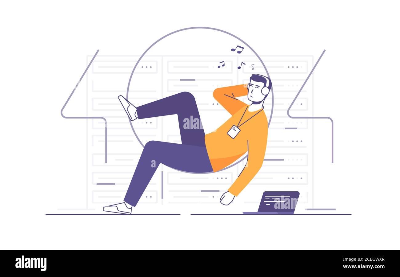Illustration vectorielle d'un technicien informatique détendu, d'un ingénieur réseau qui écoute la musique dans une salle de serveurs. 404 page d'erreur Illustration de Vecteur