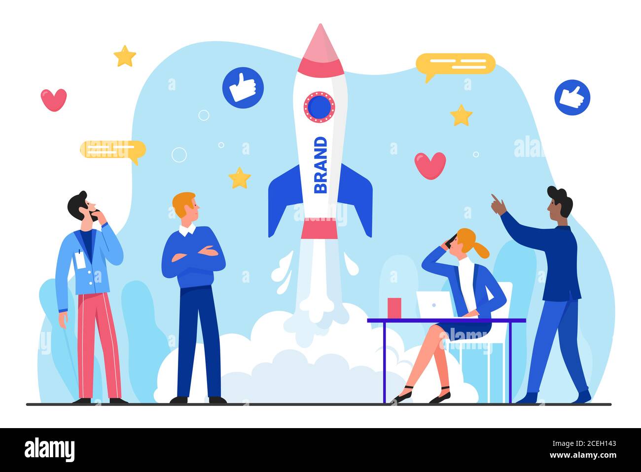 Illustration vectorielle plate de démarrage d'entreprise de marque. Groupe d'hommes d'affaires de dessins animés personnages travaillant, lancement de fusée, marque réussie ou rebranding, démarrage de nouveau produit ou service isolé sur blanc Illustration de Vecteur