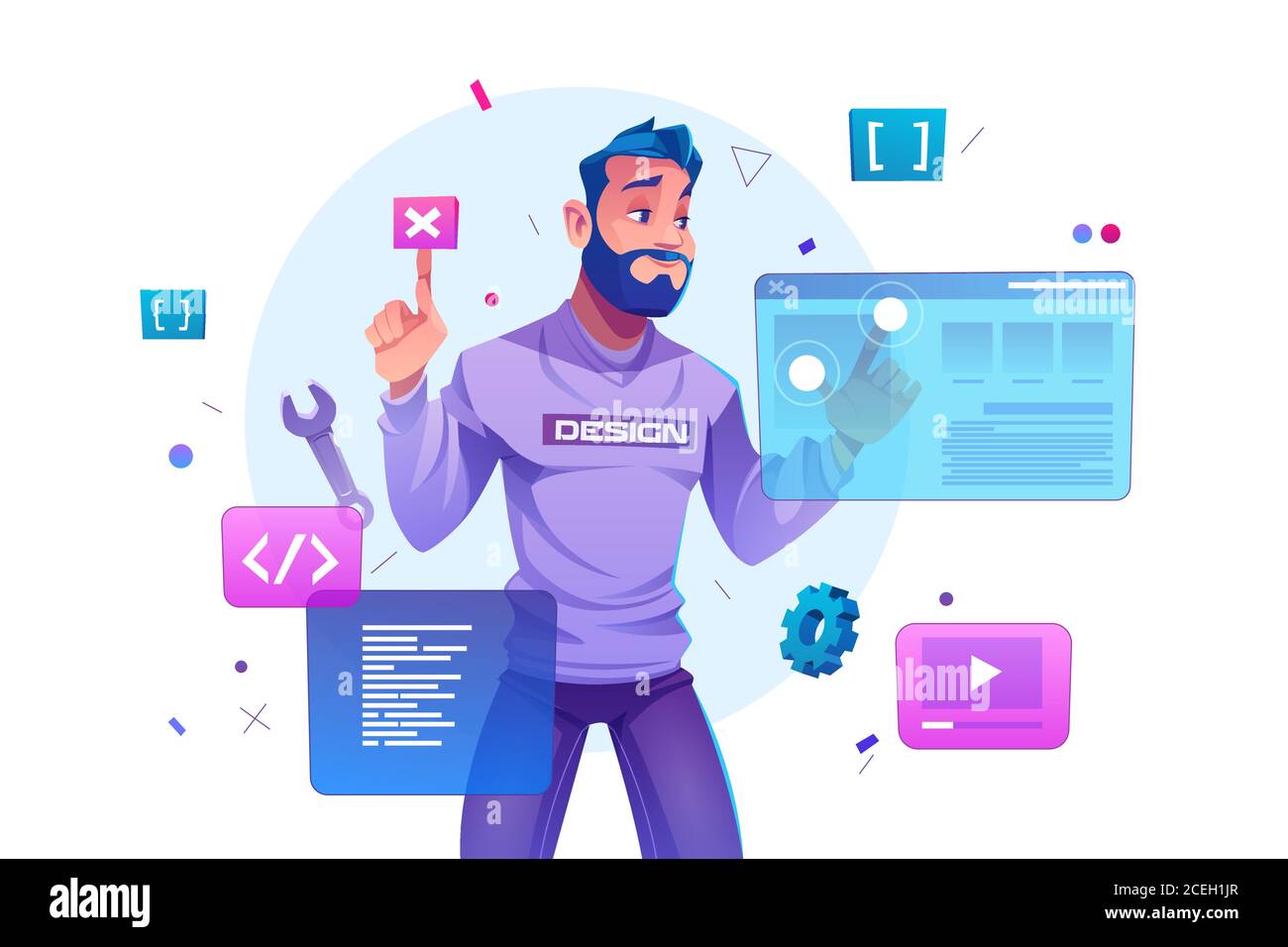 Site Web de développement Web, d'ingénierie de programmation et de codage sur les écrans d'interface de réalité augmentée. Développeur concepteur de projet logiciel de programmation ou de conception d'application, illustration vectorielle de dessin animé Illustration de Vecteur