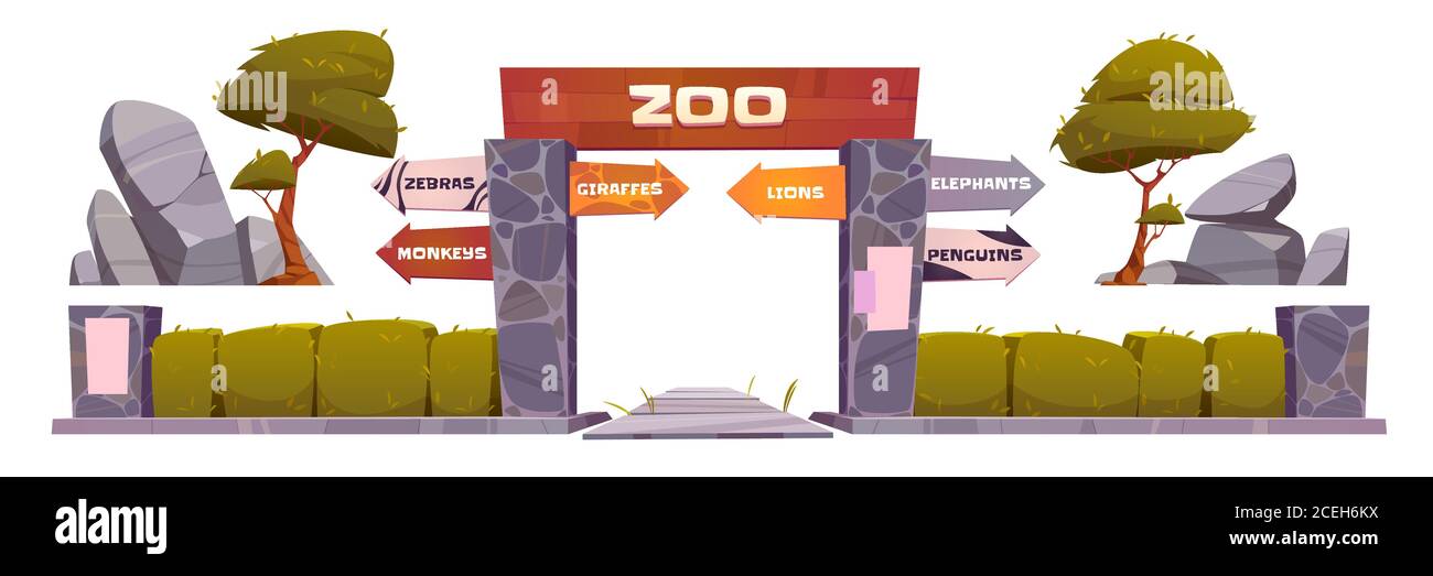 Entrée au zoo avec panneau en bois sur l'arche. Ensemble de dessins animés vectoriels de jardin zoologique avec portes d'entrée, panneaux de direction pour différents animaux, pierres, arbres et buissons isolés sur fond blanc Illustration de Vecteur