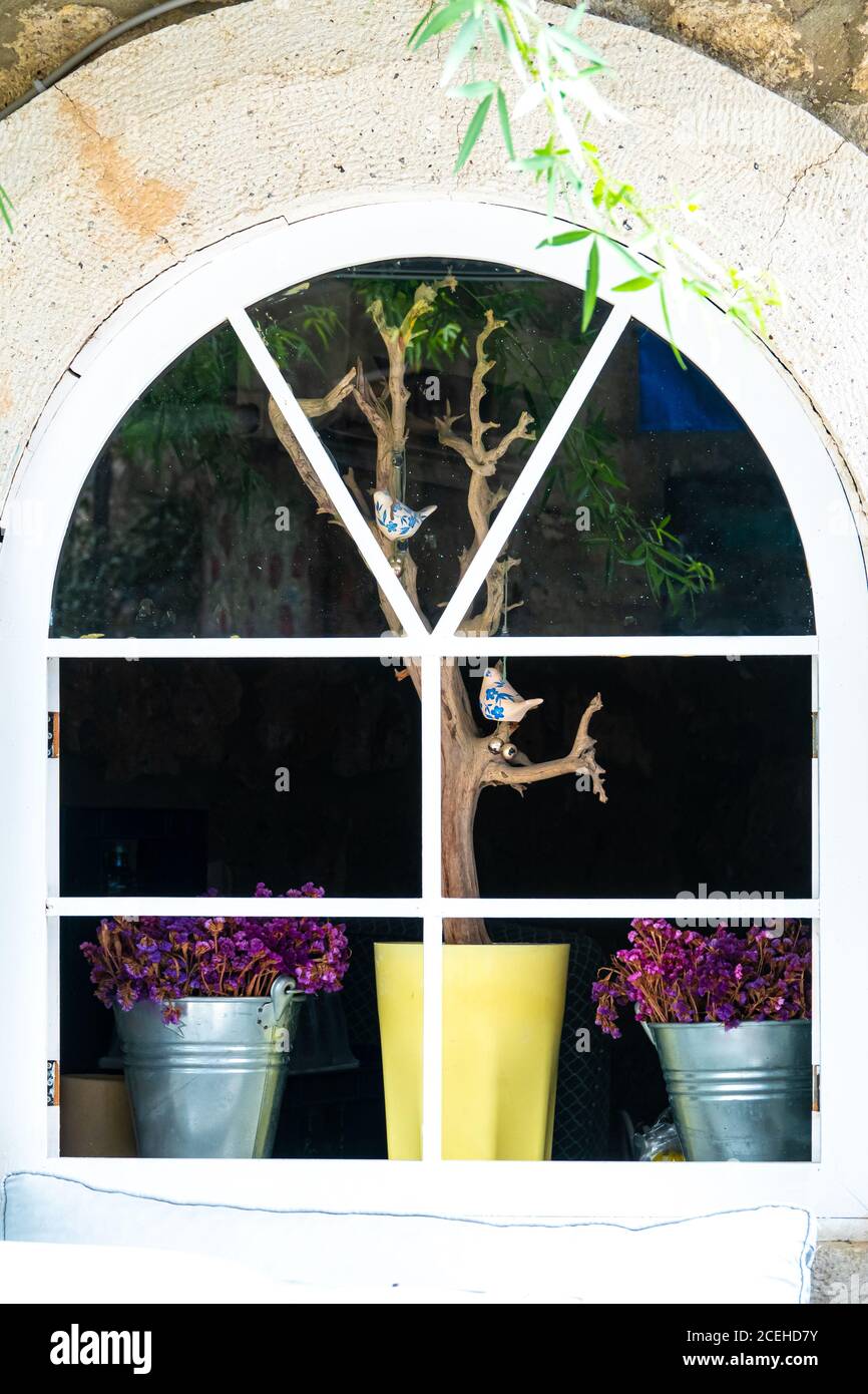 Fleurs et branches en pot de fleurs debout sur le rebord de la fenêtre. Banque D'Images