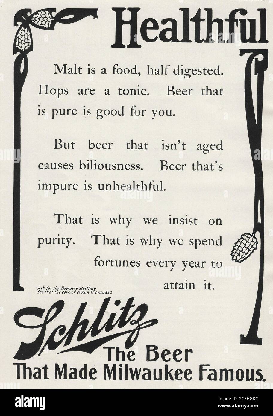 Publicité pour Schlitz - la bière qui a rendu Milwaukee célèbre, vers 1920 Banque D'Images