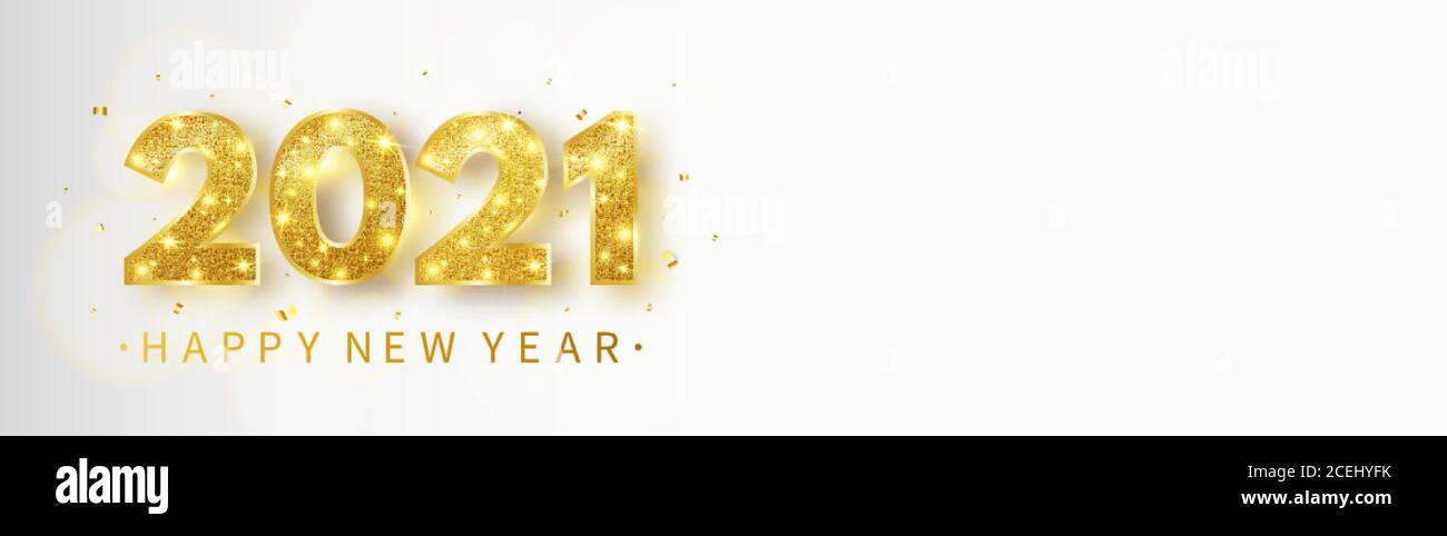 Longue bannière de vacances de luxe avec chiffres dorés scintillants, lumières de bokeh et confetti. Carte de bonne année 2021. Décoration de Noël. Or festif Illustration de Vecteur