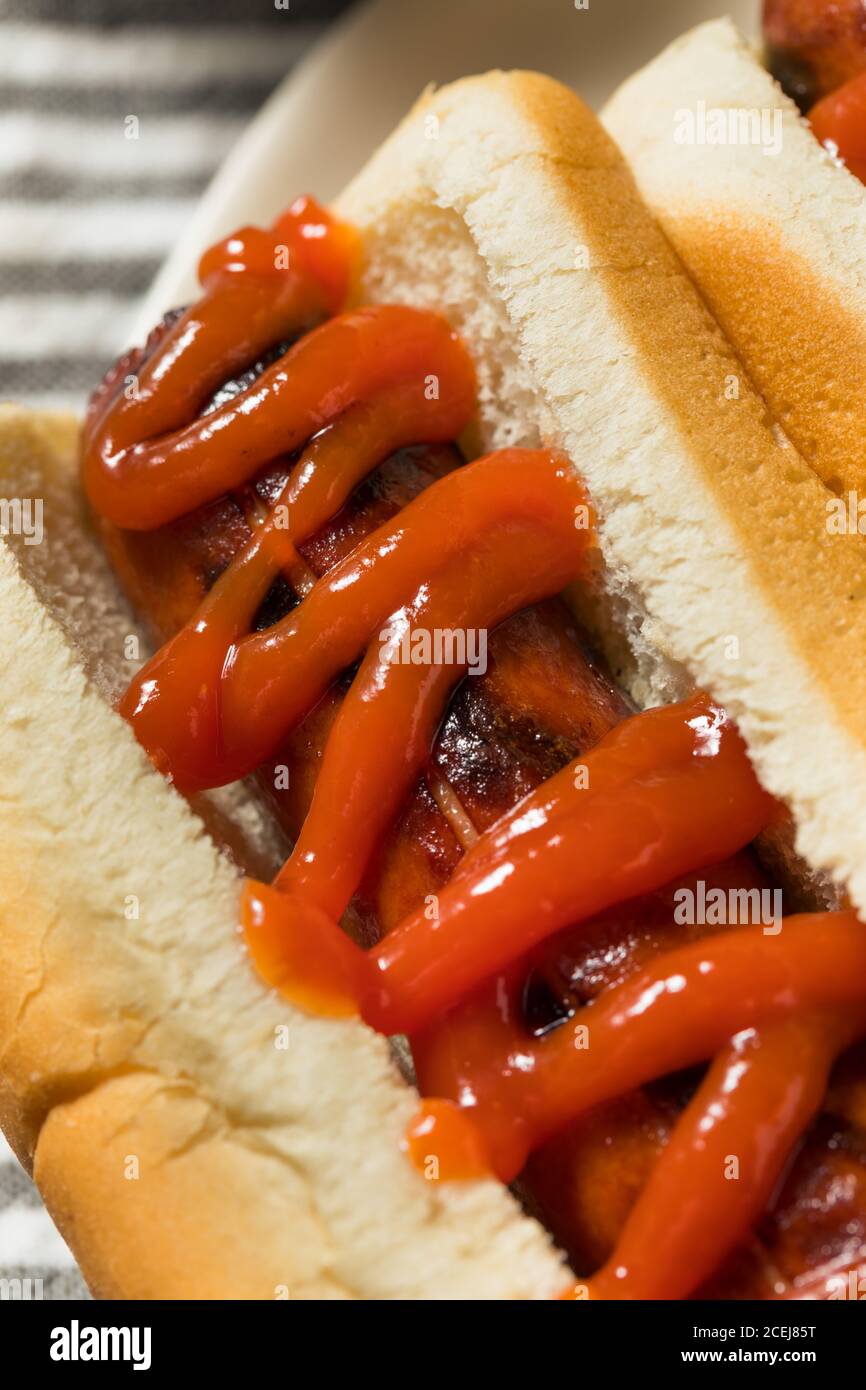 Hot Dog américain avec ketchup et chips de pommes de terre Banque D'Images