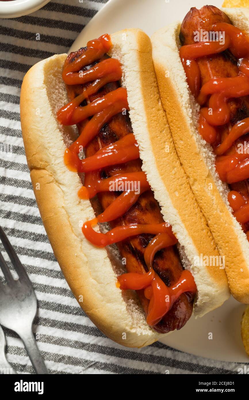 Hot Dog américain avec ketchup et chips de pommes de terre Banque D'Images