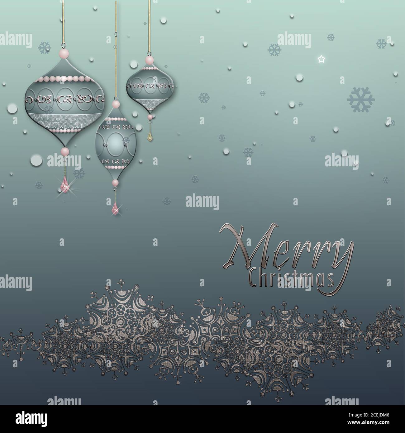 Noël et joyeux nouvel an arrière-plan avec bordure argentée de flocons de neige, boules de boules de luxe bleues sur fond vert pastel métallisé. Texte Joyeux Noël. Illustration 3D Banque D'Images