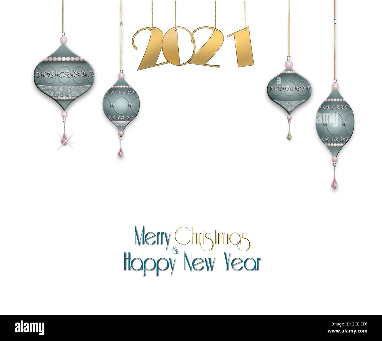 Nouvel an, fond de Noël avec boules bleues suspendues avec ornement d'or et chiffre d'or suspendu 2021 sur fond vert pastel. Copier l'espace. Illustration 3D Banque D'Images
