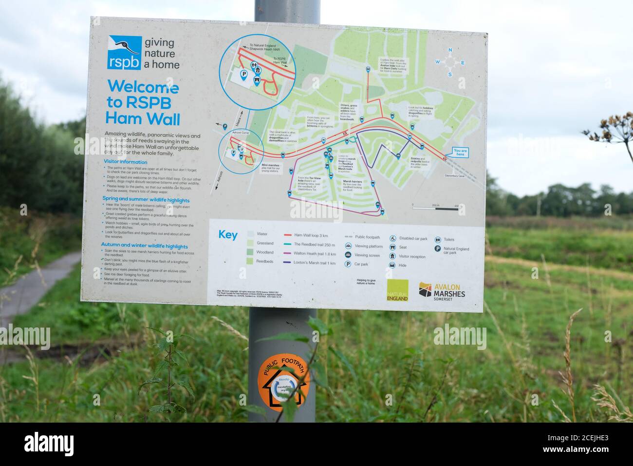 Août 2020 - signes d'accueil et d'information sur le chemin A l'est sur la RSPB Ham Wall natures réserver Banque D'Images