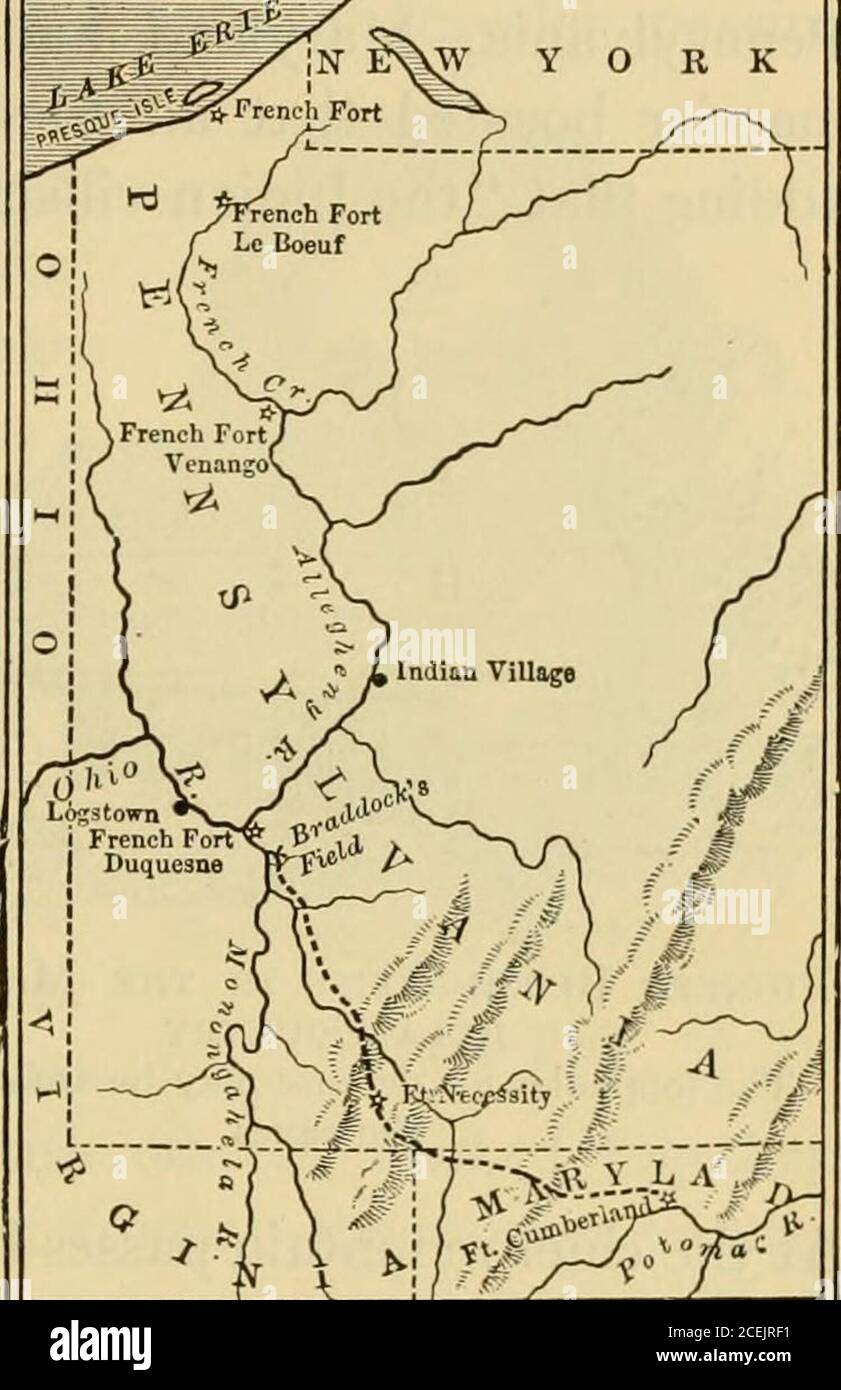 . Une histoire des États-Unis. Dispositif imprimé à Franklins Pennsylvania G.azette BRADDOCKS DÉFAITE 155 quelque chose de plus grand qu'une querelle au sujet d'un poste frontière à la fourche de l'Ohio serait nécessaire pour déplacer les théconies vers l'Union. Défaite de Braddocks. — en 1755, le gouvernement anglais envoya deux régiments de l'autre côté de l'Atlantique pour aider le Virgiansin à s'emparer du fort Duquesne.l'expédition fut organisée par le général Brad-dock, un soldat de la cour et de l'abihty, mais entièrement igno-rant de lutter contre la folie des Indiens et des bois. Washington a été le commandement des Virgians. Après une difficile Banque D'Images