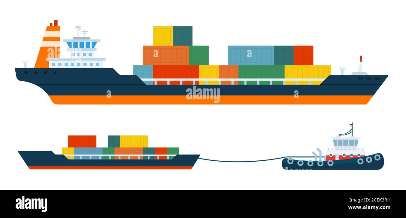 Ensemble de navire conteneur et remorqueur transportant le fret navire illustration vectorielle dans un modèle plat. Illustration de Vecteur