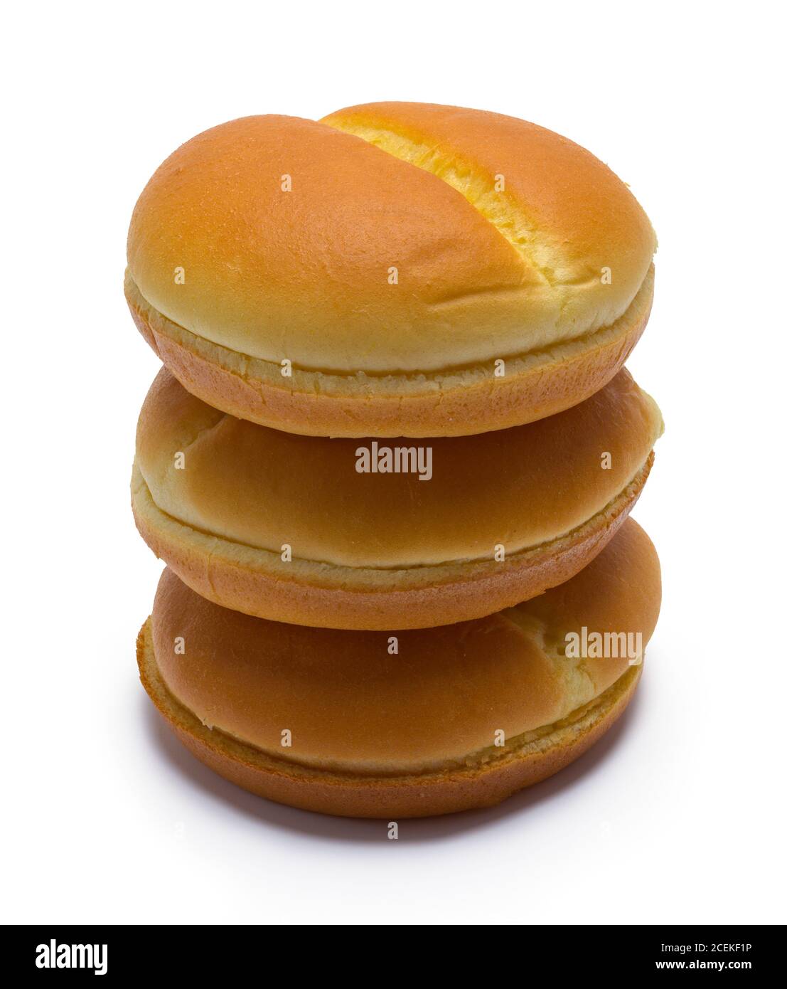 Trois petits pains Hamburger dans une pile isolée sur blanc. Banque D'Images