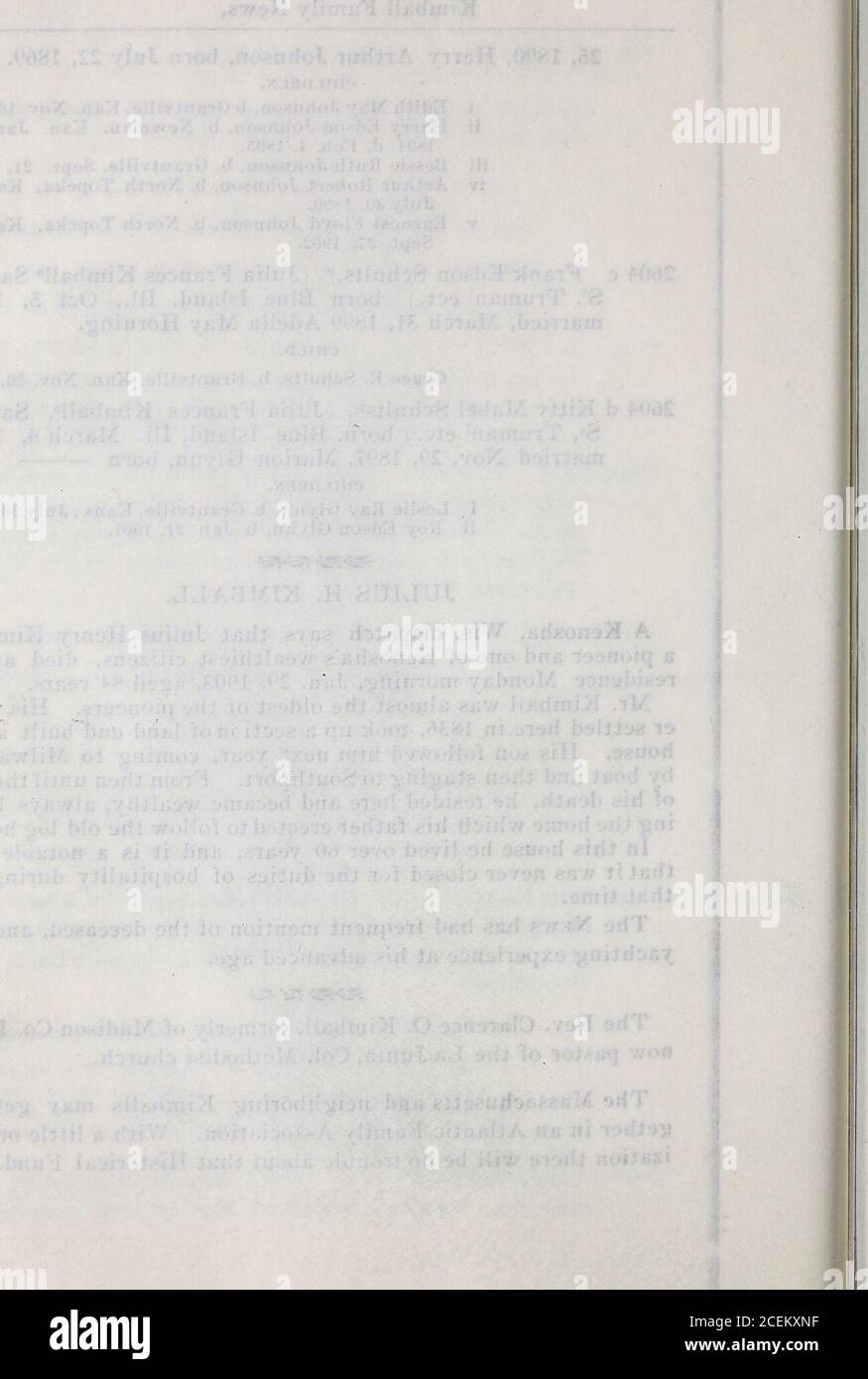 . Les nouvelles de la famille Kimball. Enoshas les citoyens les plus riches, sont morts à la hisResidence lundi matin, le 29 janvier. 1903 ans ^4 ans. M. Kimball était presque le plus ancien des pionniers. Sa fath-er s'est installée ici en 1836, a pris une section de terre et a construit une hutte. Son fils l'a suivi l'année prochaine, arrivant en bateau de Milwaukeeby et se mettant ensuite à Southport. De là jusqu'au jour de sa mort, il résida ici et devint riche, d'autres manières de garder la maison que son père érige pour suivre l'ancienne maison en rondins. Dans cette maison, il a vécu plus de 60 ans, et c'est un fait remarquable qu'il n'a jamais été fermé pour la dutie Banque D'Images